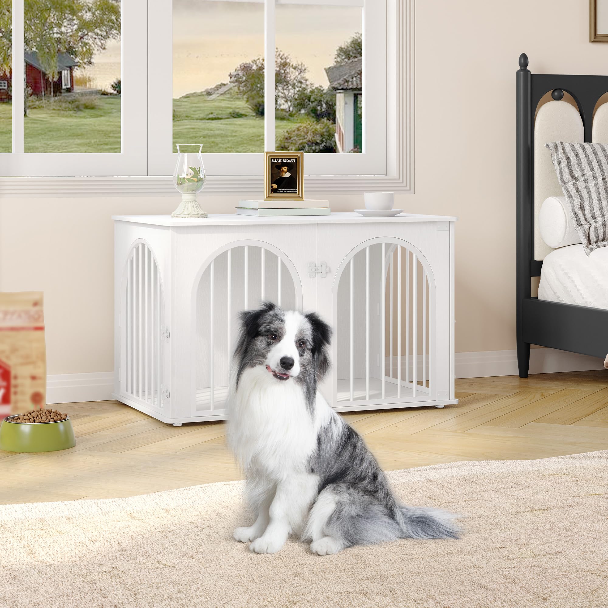 Hzuaneri 100cm Gabbia per Cani, Tavolo Supplemento, Cuccia Moderna per Cani Interno, Kennel cane Medio, Casetta per Animali, 3 porte, Porta ad arco, 100 x 60 x 63 cm, Bianco DFC84113W