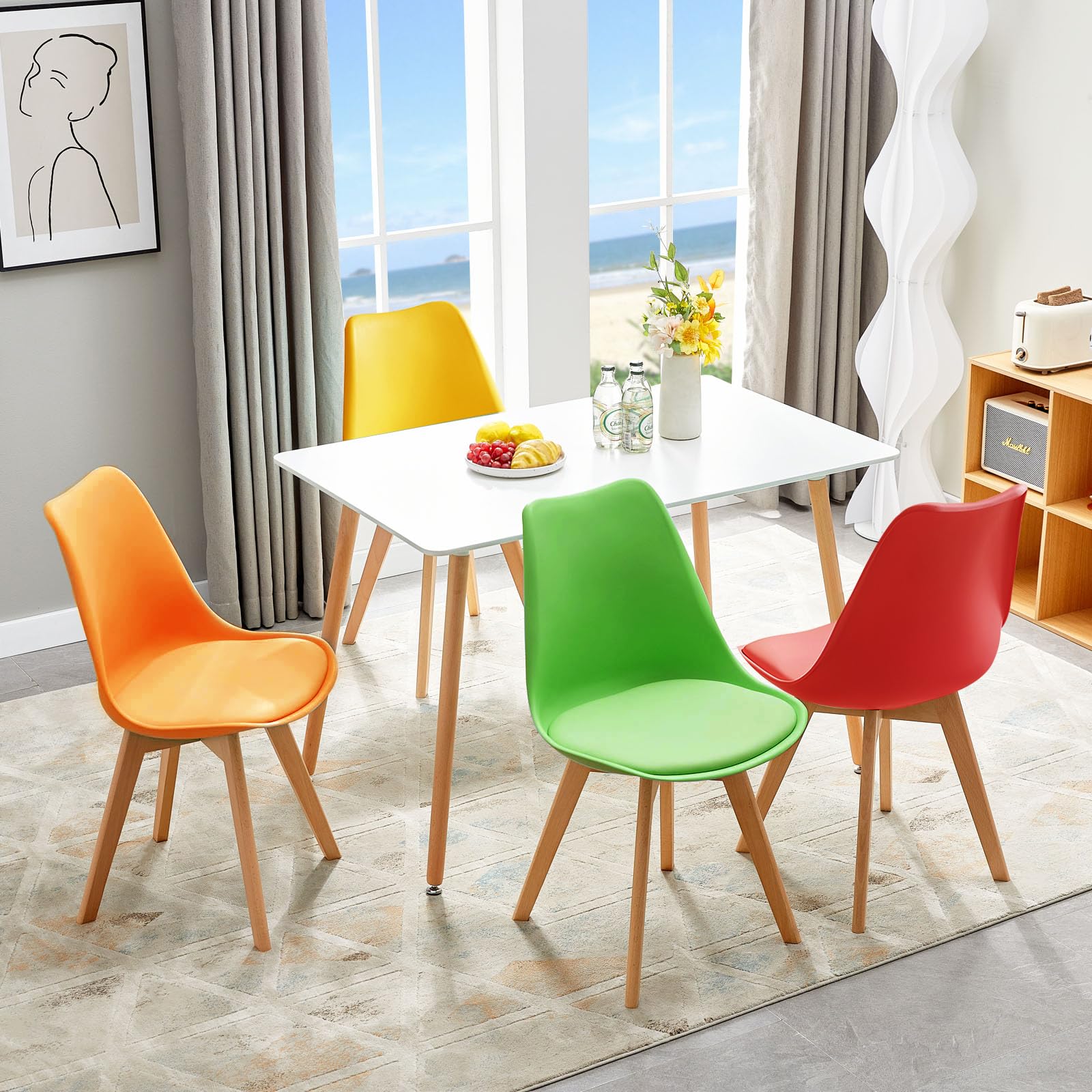 Ensemble de salle à manger avec 4 chaises, 4 chaises rectangulaires pour salon, cuisine, bureau (table blanche + chaise rouge, jaune, vert et orange)
