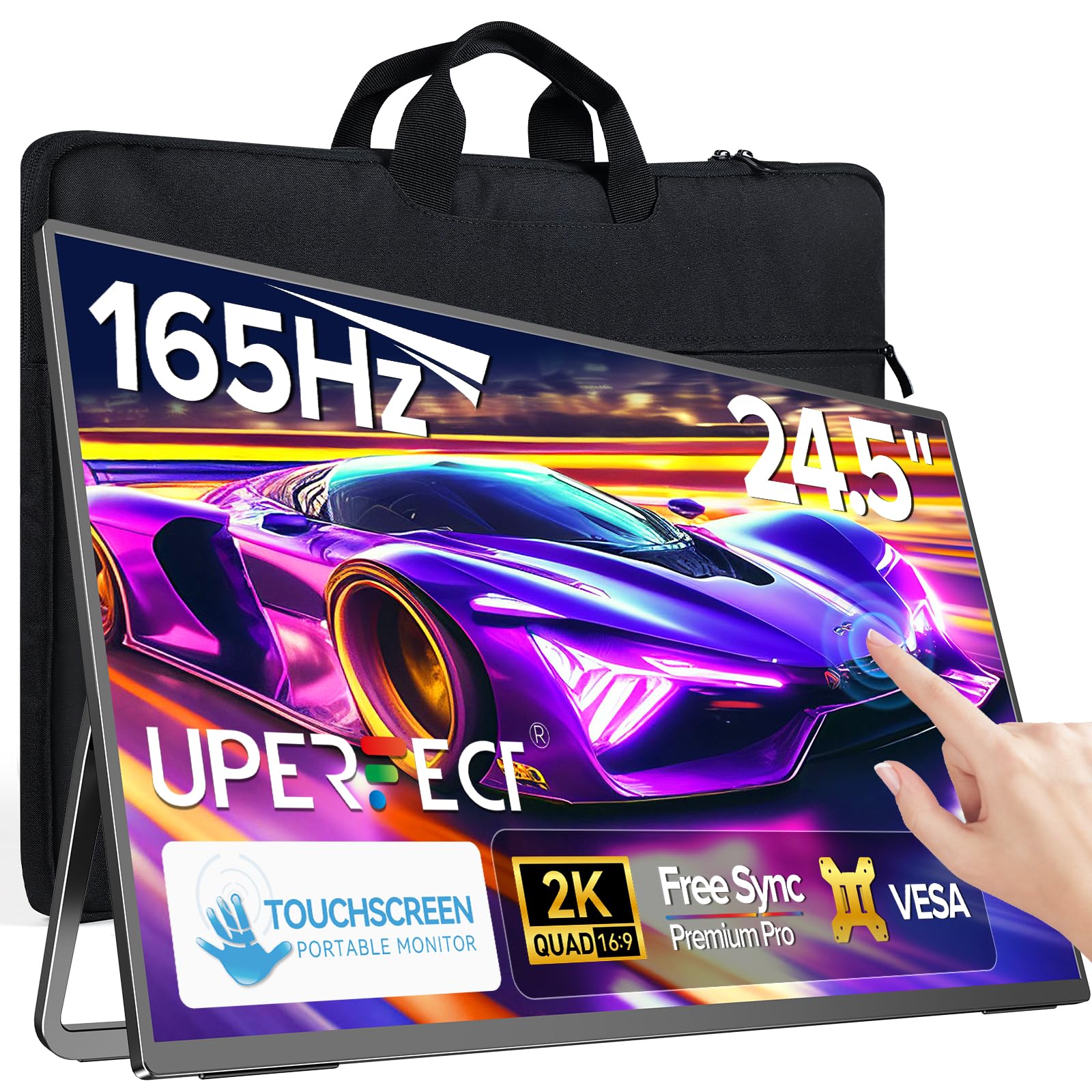 UPERFECT 24,5" 2K 165 Hz przenośny monitor dotykowy 2560 * 1440 QHD 100% sRGB z regulowanym uchwytem 180° Mini HDMI USB-C do konsoli do gier komputerowych, kompatybilny z VESA