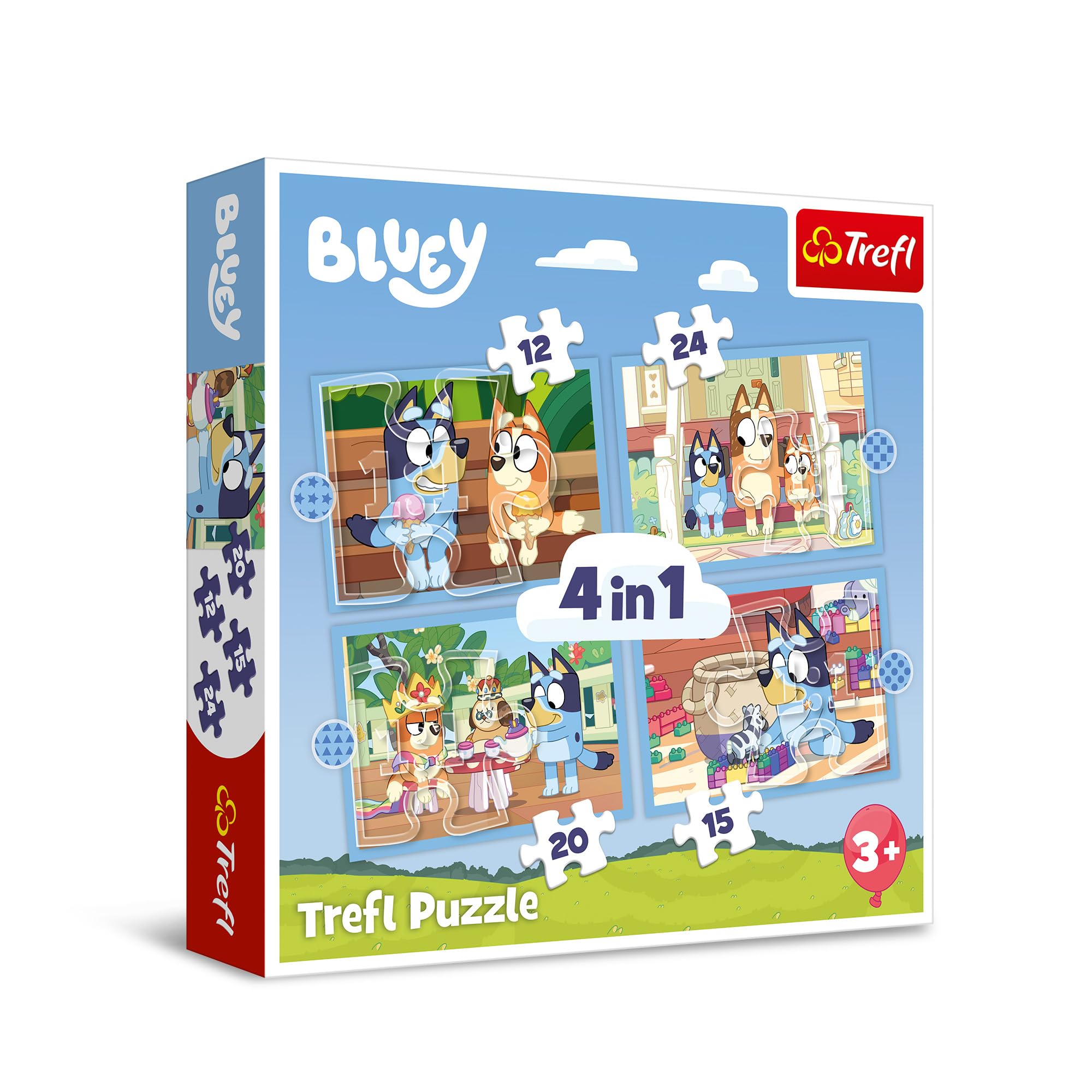 Trefl - Bluey i Jego Świat - Puzzle 4w1, 4 Układanki, od 12 do 24 Elementów - Różny Stopień Trudności, Kolorowe Puzzle z Bohaterami Bajki Bluey, Kreatywna Rozrywka, Zabawa dla Dzieci od 3 lat