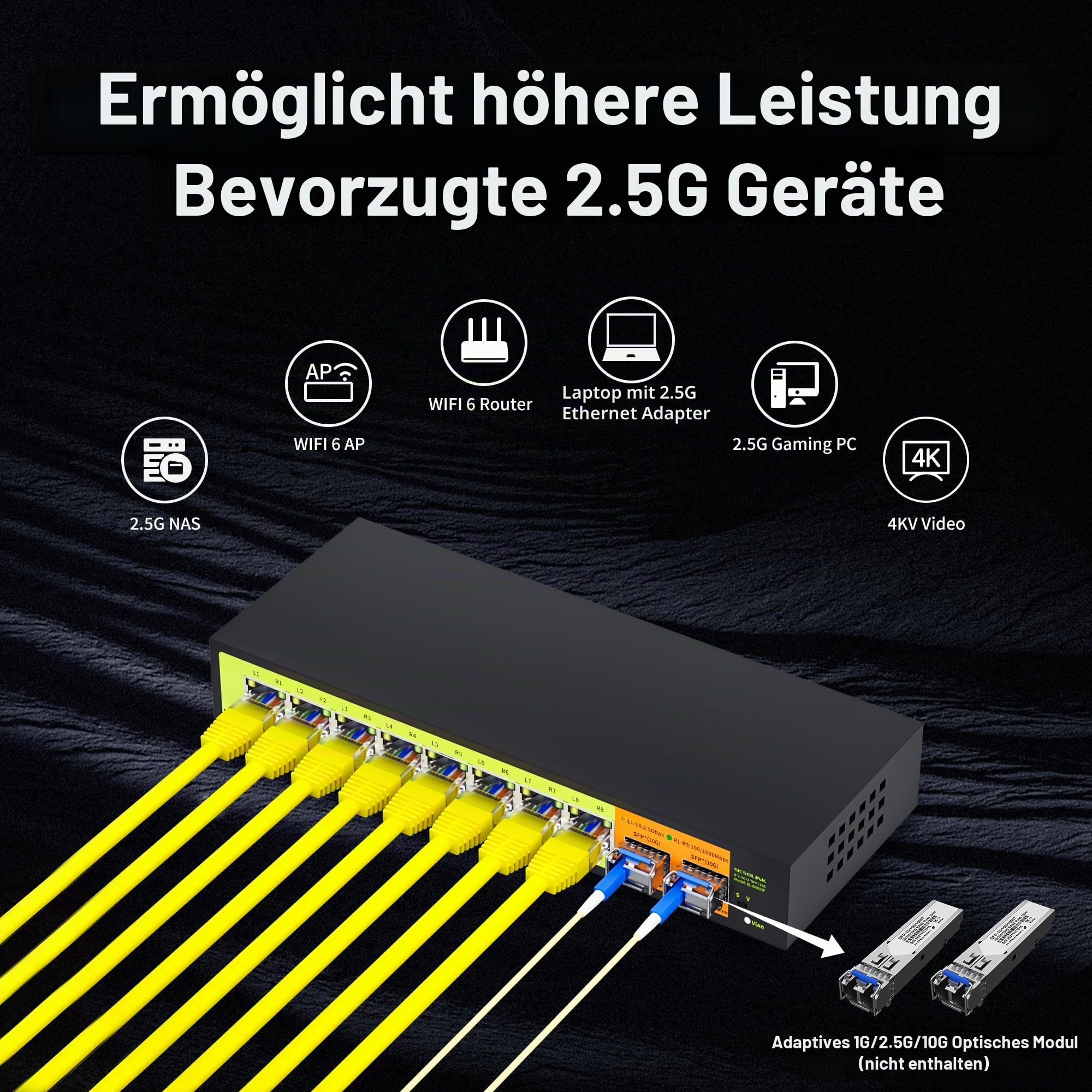 10 Port 2.5G SFP+ Ethernet Switch mit 8×2.5G RJ45 + 2×10G SFP+ Uplink, Unmanaged Multi-Gigabit Netzwerk-Switch, lüfterloses Metallgehäuse, VLAN-Modus, Plug & Play für NAS, Gaming, Home Office