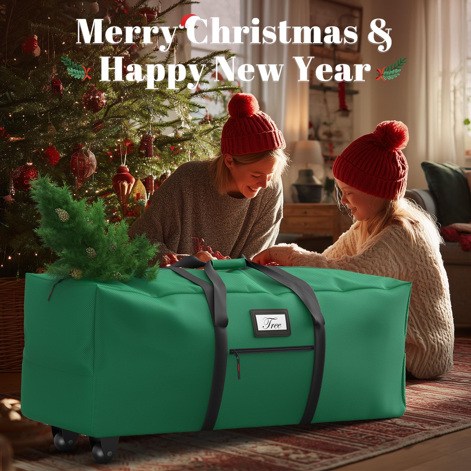 Christmas Tree Storage Bag with Rolling Wheels, Fits for 9ft Xmas Artificials, Large Xmas Storage Container with Reinforced Carry Handles and Fixed Buckle, 600D Oxford Cloth, Dual Zippers