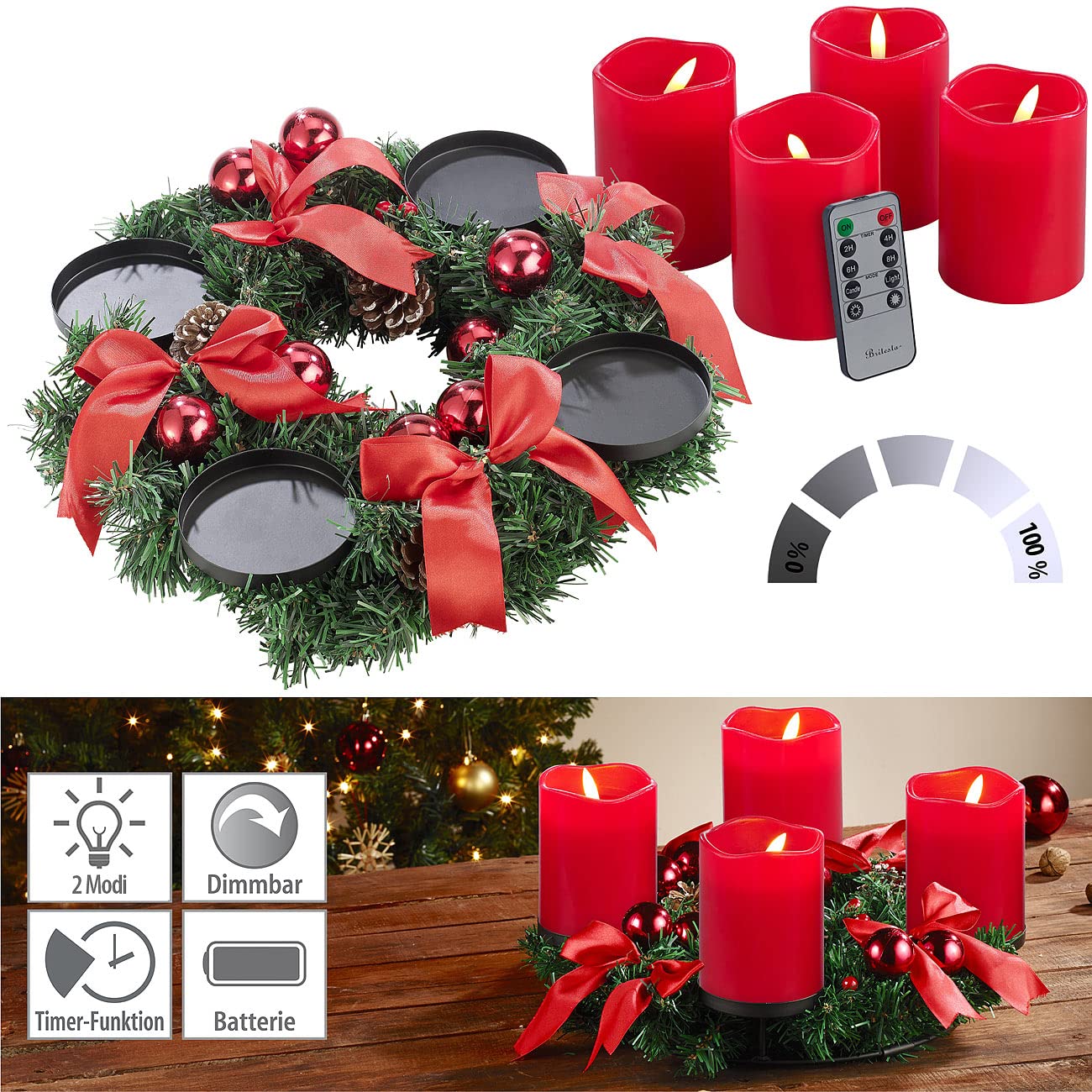 Adventkranz: Adventskranz mit rotem Schmuck, inkl. LED-Kerzen in rot (Weihnachtskranz, Adventsdeko-Kerzen-Kränze, Kerze)