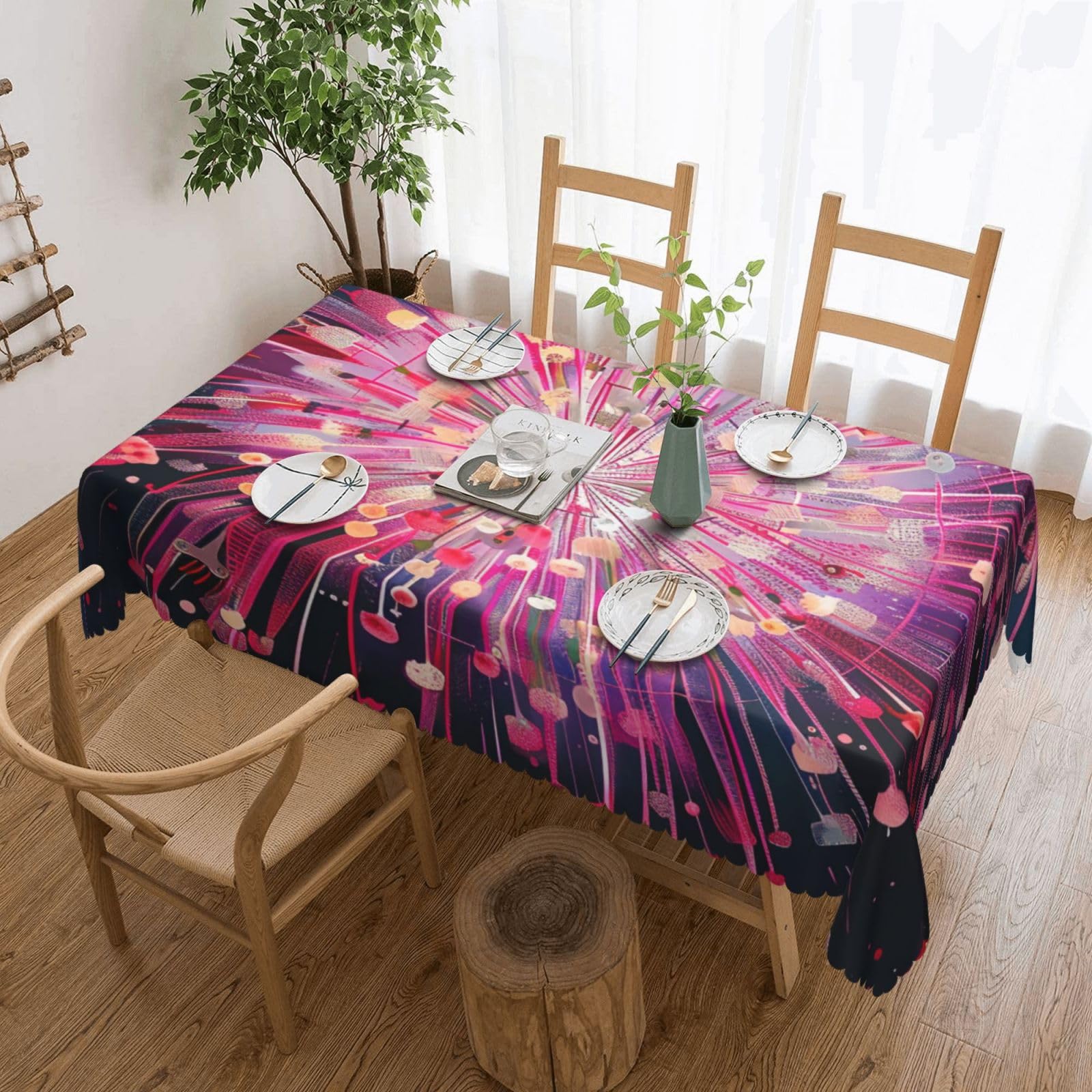 WPKJU Fireworks Art Printed Rectangle Tablecloth 72x54 Inch with Lace Trim, Water-Resistant Washable Table Cover for Farmhouse Weddings, Outdoor Picnics & Holiday Dining