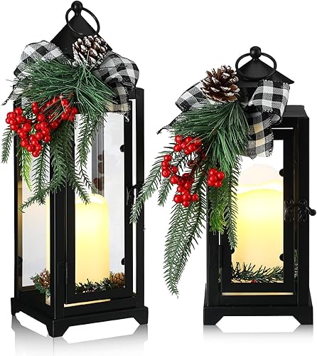 Miniatura 7 de Baquler 2 faroles de metal negros de Navidad y velas LED falsas de 12 y 15 pulgadas, faroles decorativos con adorno de Navidad para porche,