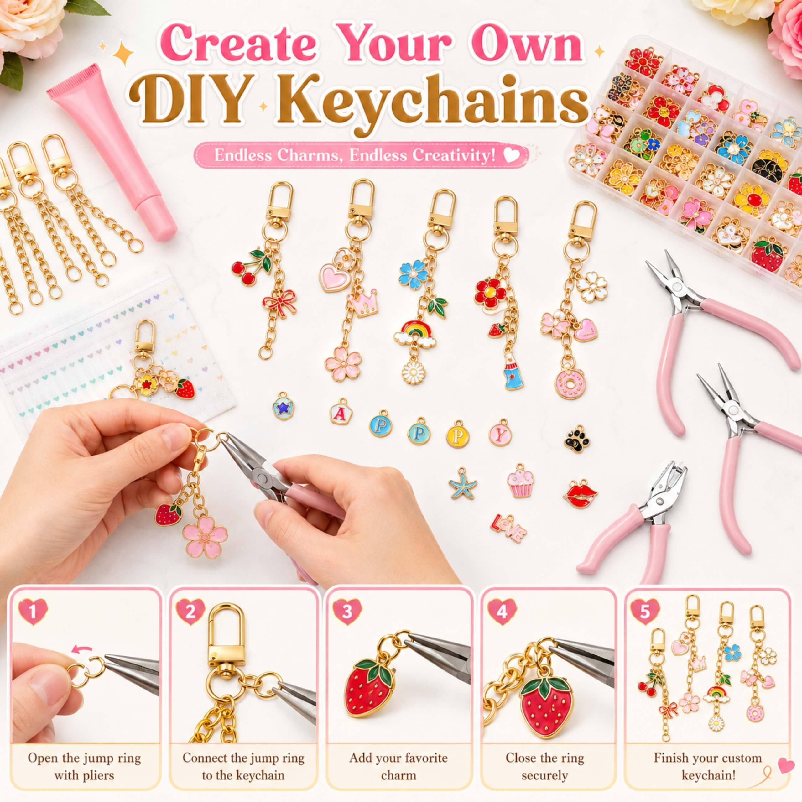 Aimery Kit de fabrication de porte-clés – 403 pièces de fournitures de fabrication de bijoux avec breloques assorties et outils pour bracelets, breloques de sac à lèvres, artisanat pour enfants et