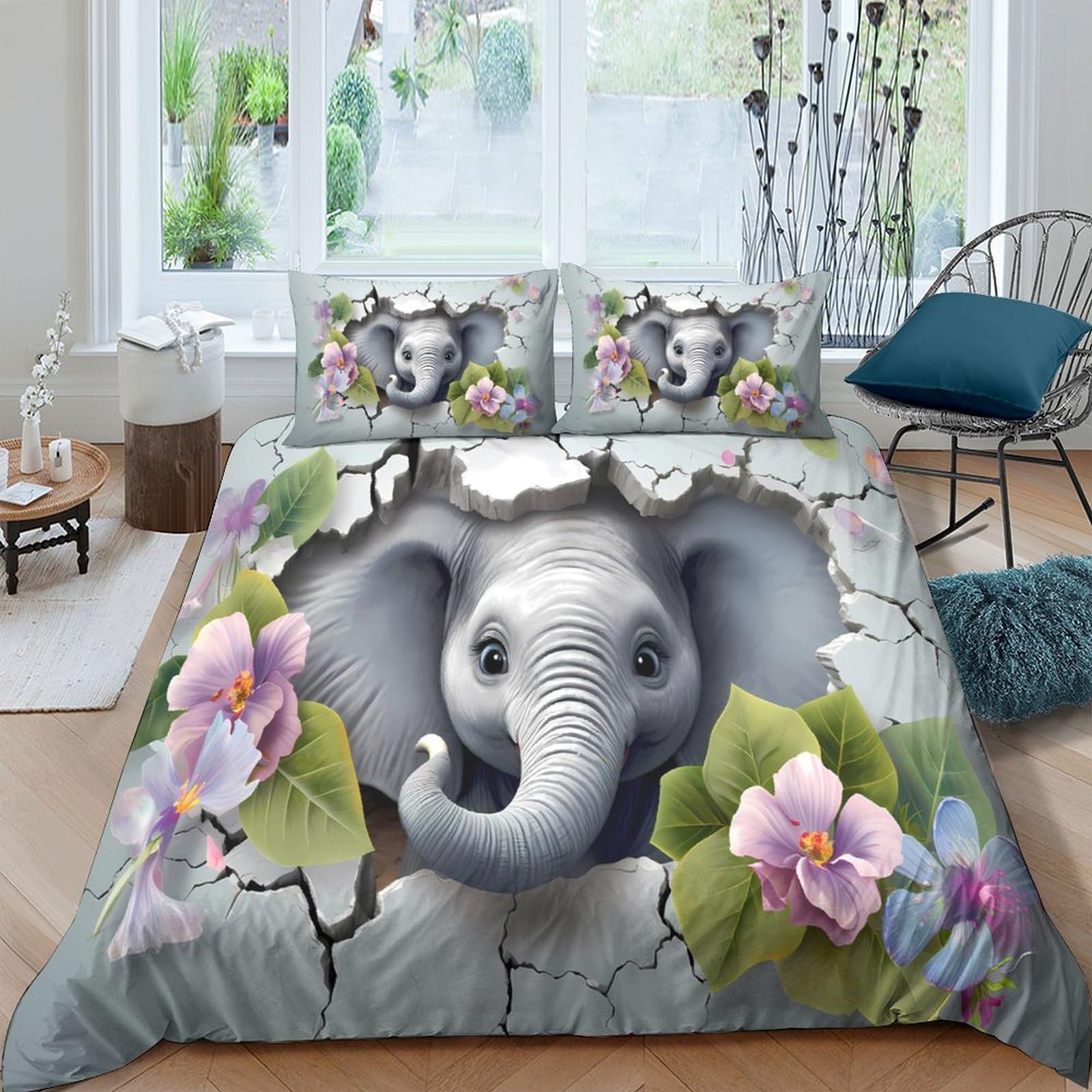 GPLZQXKJNH 3D Printed Elephant Floral Duvet Cover Set Microfiber Breathable Grey Bedding with 2 Pillowcases for Bedroom Decor Single（135x200cm）