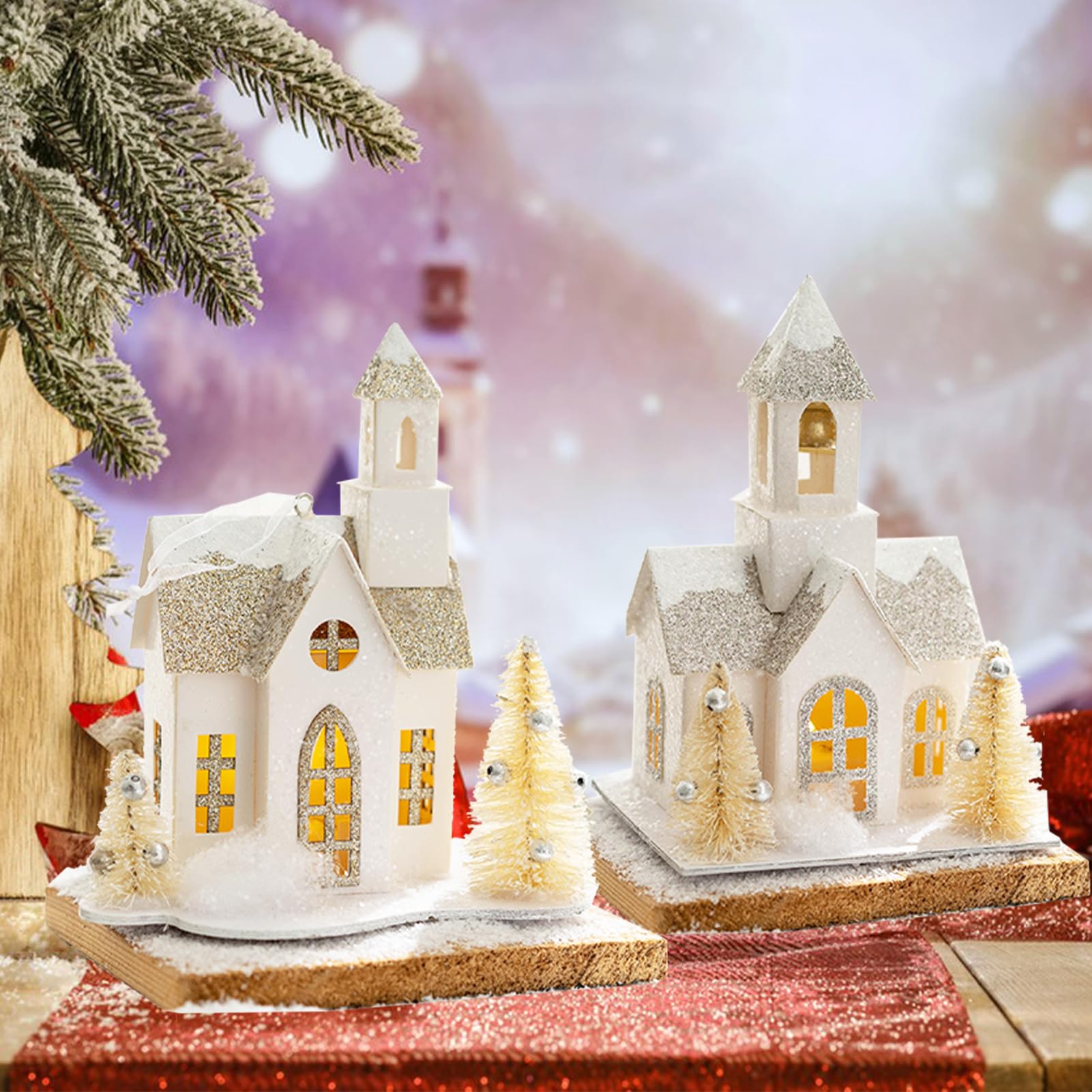 TSYFM Weihnachtsdorfhäuser mit LED-Beleuchtung, 13 cm, Pappe, Weihnachtshaus, weißes Weihnachtshaus, Weihnachtsdorf-Sets für Desktop-Ornamente, Landschaftsdekoration (C)