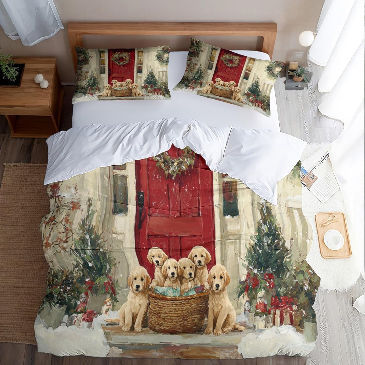 Poszwa na kołdrę 220x240 Dorosły Uroczy pies 3D Drukowany zestaw pościeli 2 osoby Dekoracje świąteczne 3 sztuki Miękka mikrofibra z zamkiem błyskawicznym i 2 poszewkami na poduszki 65x65 cm Y.550
