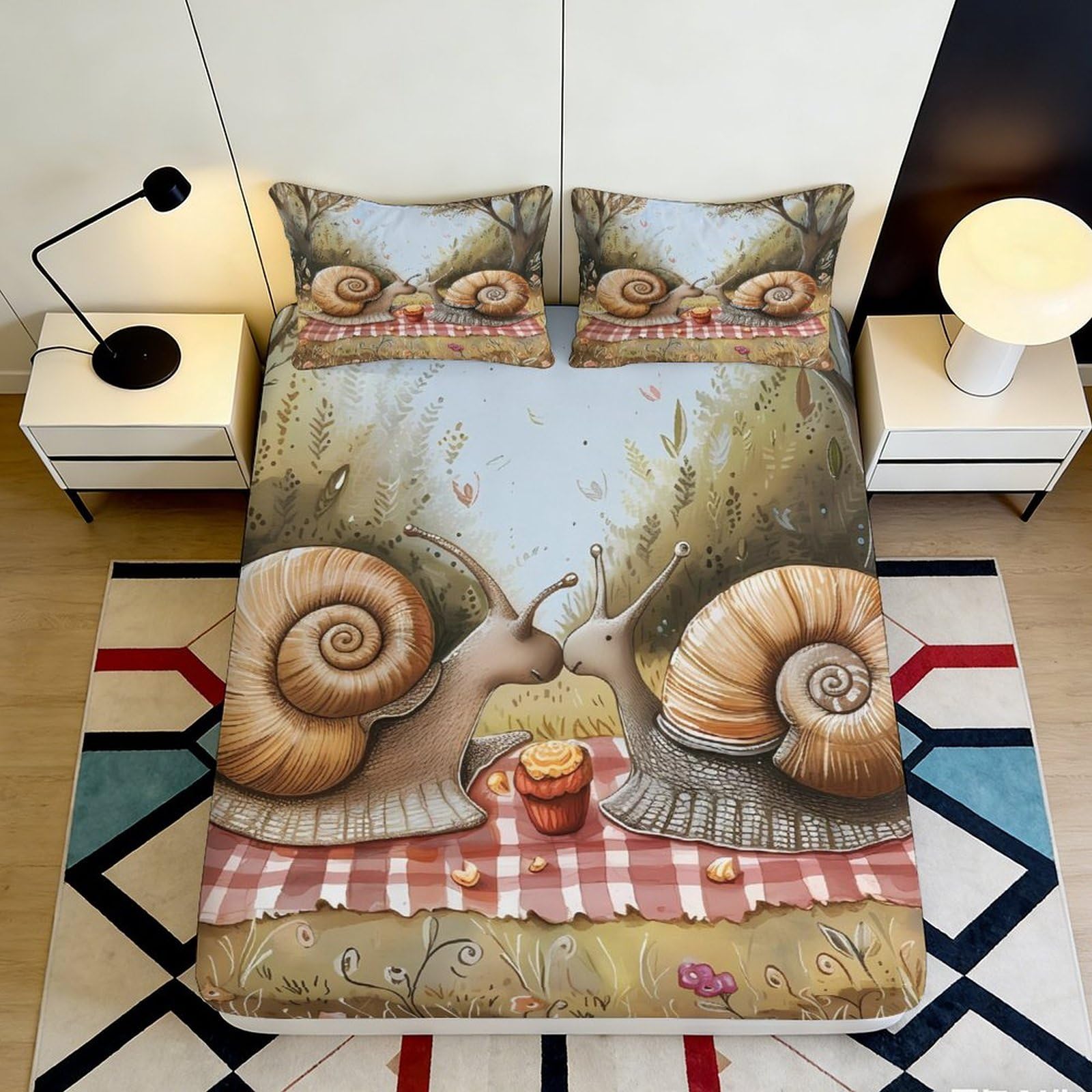 3D Printed Snail Picnic Fitted Sheet Microfiber Bedroom Decor Forest Scene Mattress Cover for Home Dorm 90x200x25cm