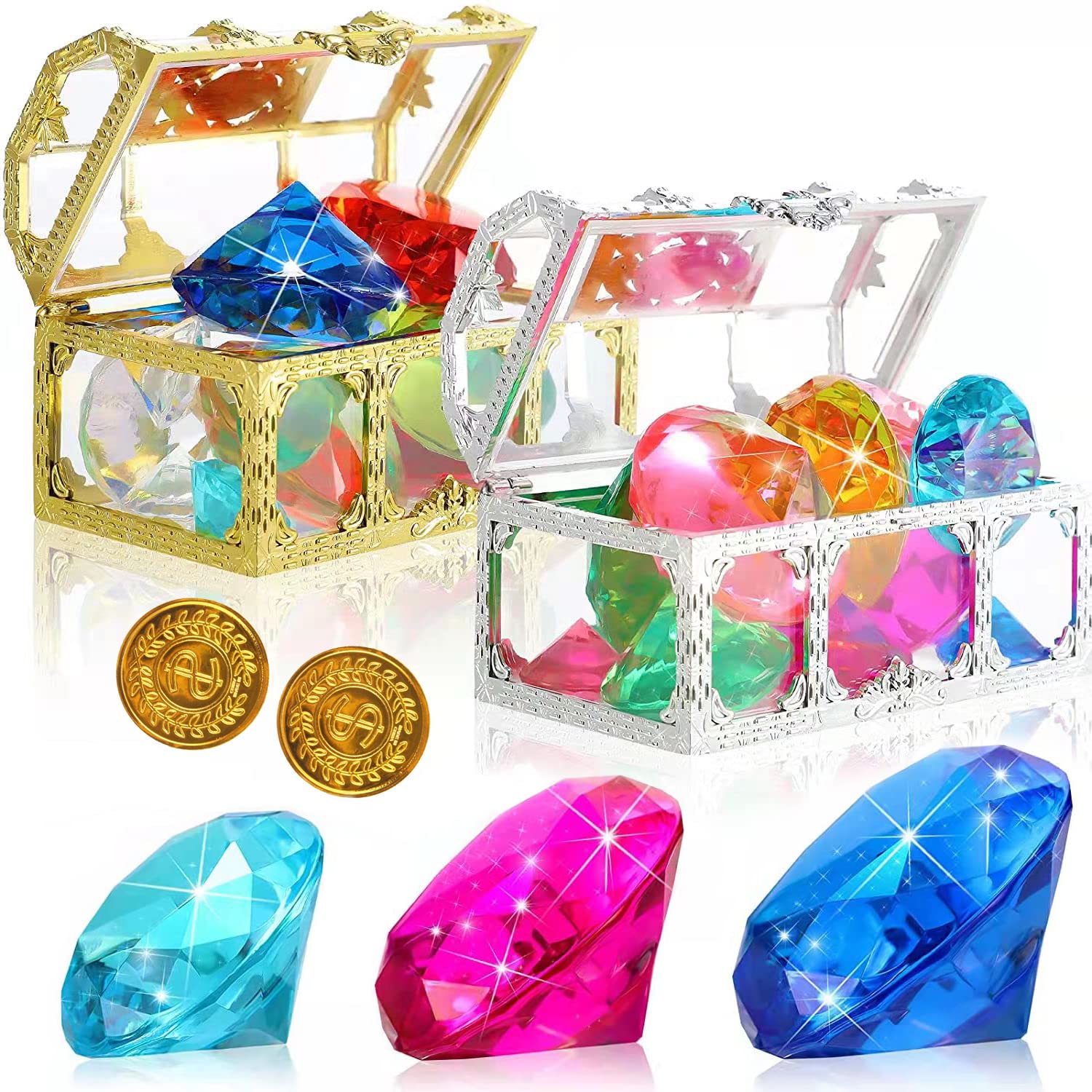 Xloey 24Pcs Diving Gem Pool Toys, Summer Swimming Diving Toys with 2 Treasure Pirate Boxes, Underwater Gem Diving Toy, Colorful Diamonds Set, for Birthday, Swimming Pool Party, Wedding Decoration Gems