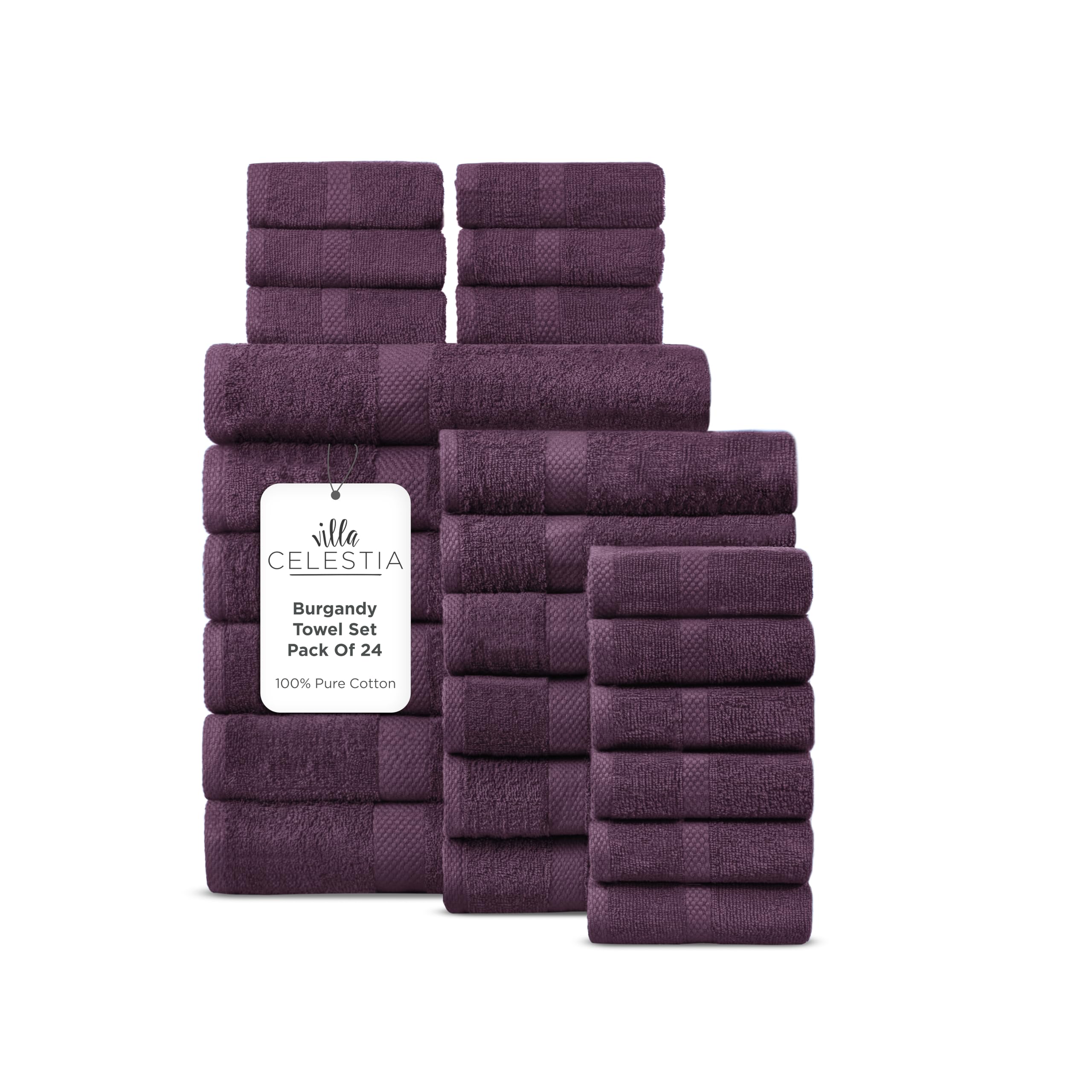 Villa Celestia 24-Piece 100% Cotton Towel Set, 6 Bath Towels, 6 Hand Towels, 12 Wash Cloth, Quick-Dry, Burgandy