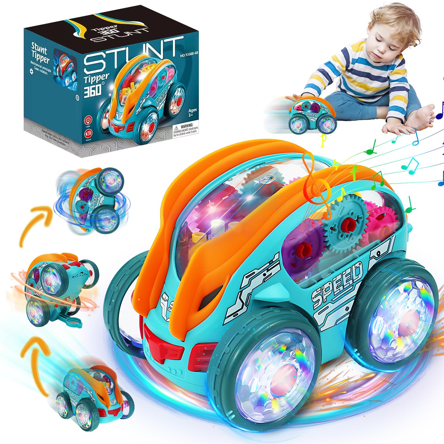 Vibbang Speedlite Dynamic Gear-Powered Car, 360 Rotating Light Up Toy Car with Music & Led Lights, Colorful Gears Bump and Go Moving Gears Cars, Children's Light Up Toy Cars for Girls Boys