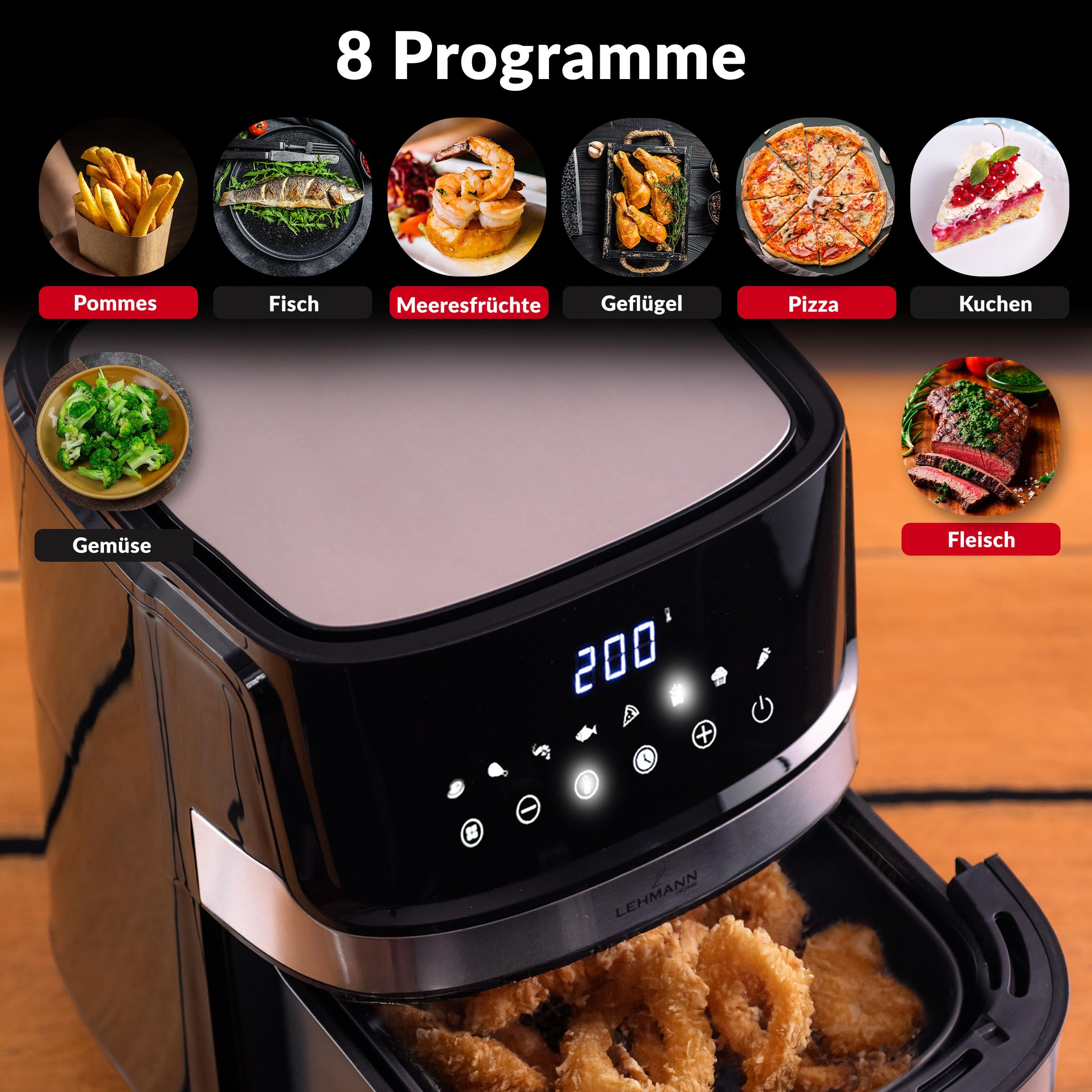 LEHMANN Heißluftfritteuse XL 6,5L, 8 Programme, Große Metallkammer, Digitales Display, Timer, Antihaftbeschichtung, Spülmaschinenfester Korb, 80-200°C, Air Fryer ohne Öl für Familie