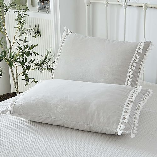 Miniatura 4 de Juego de cama gris bohemio, tamaño individual XL, 3 piezas, con borlas, funda de edredón bohemia con pompón, 100% algodón lavado con cierre de