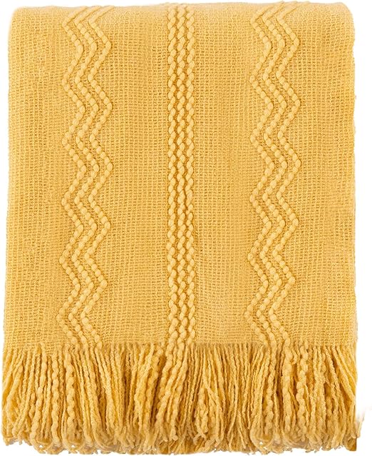 BATTILO HOME Mustard Throw Blanket with Fringe Geometric Bed Yellow Throws Summer Breathable Decorative Large Throw for Couch Sofa Indoor Outdoor (Yellow, 50"x60")