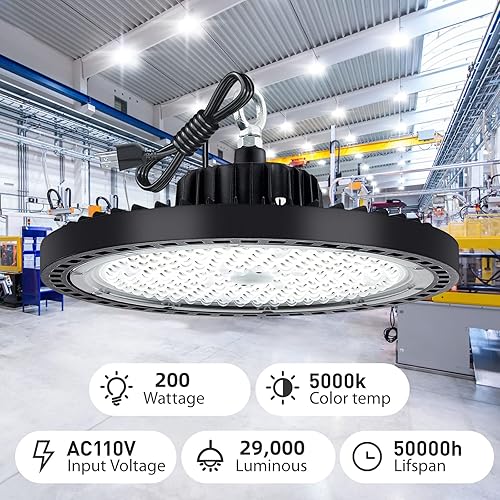 Miniatura 4 de Atocif Luz LED de alta bahía de 200 W, 29,000 lm, 5000 K, luz diurna de 2 piezas LED con enchufe de EE. UU., luces LED industriales comerciales para