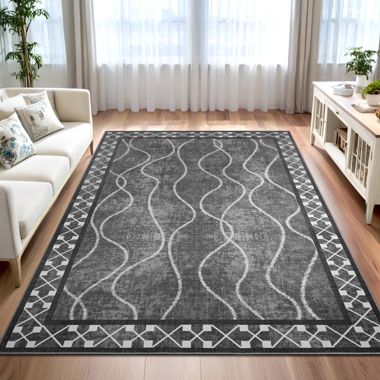 Woottpe 5x7 Area Rugs for Living Room, Machine Washable Rugs, Non-Slip Low Pile Indoor Floor Rugs, Large Modern Carpet for Bedroom Entryway Classroom
