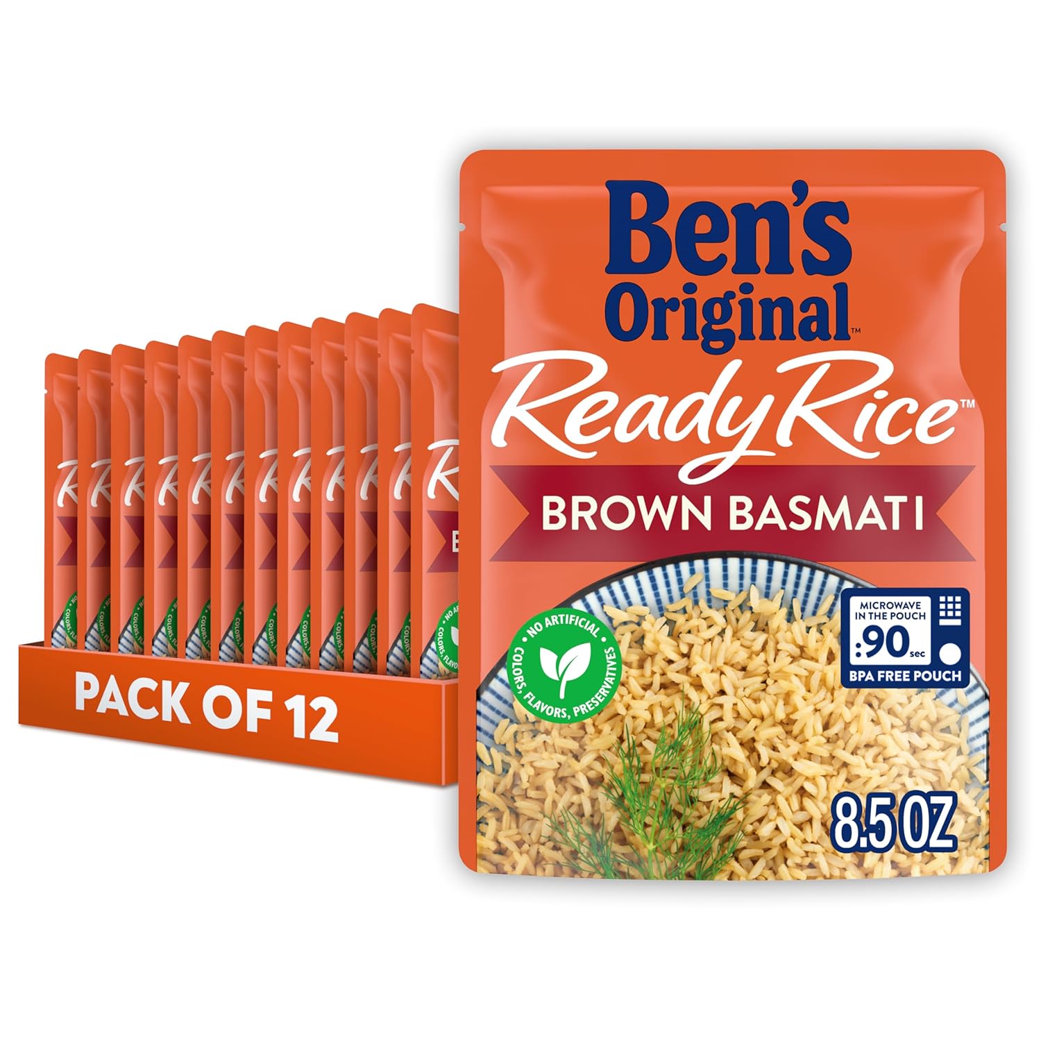 Ben's Original Ready Rice Brown Basmati Rice - Authentic Whole Grain Indian Aroma, Microwave in 90 Sec, 8.5oz Pouches (Pack of 12)