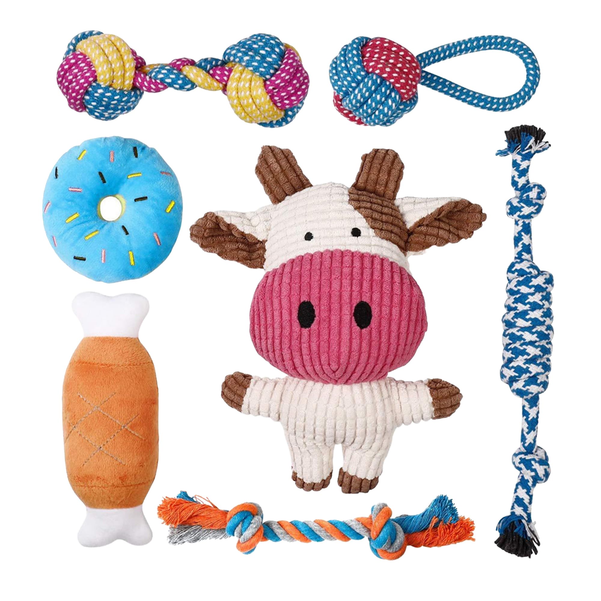 PetGoodieColorful Puppy Chew Toys - 7 Pcs | Non-Toxic, Durable, & Lightweight Cotton Squeaky Rope Toys | Cute Interactive Small Dog Teething Toys for Fun - Pet Toys Safe Dog & Cat Toys - Gift Set