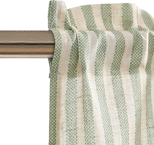 Miniatura 3 de Vangao Cenefa de cocina - Cortina corta de lino con rayas rústicas, con bolsillo para barra de corte, 16 pulgadas, 1 panel, verde sobre beige