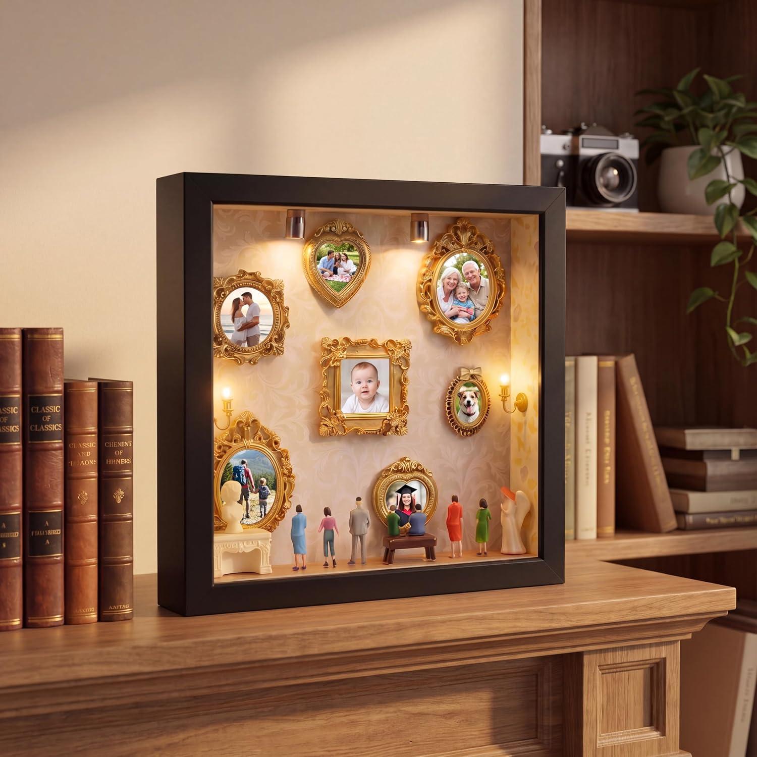 DIY Mini Museum Silhouette Box, Shadow Box Frame Set, Museum of Us Box with 10 Gold Mini Picture Frames & 10 People Figurines for Anniversary and Valentine's Day Gifts, 12×8.5in (Black)