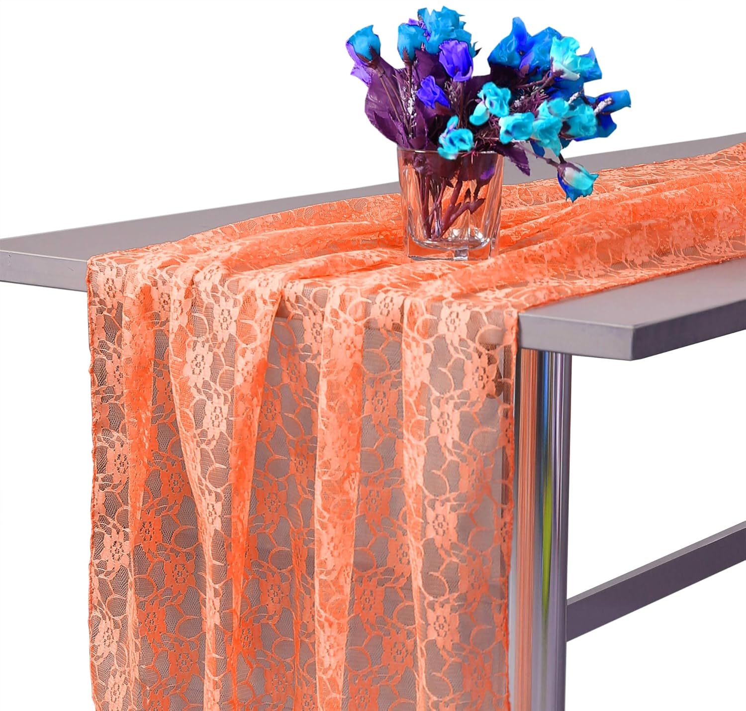 MDS Pack of 10 Wedding 27 x 170 inches Long Sheer lace Table Runner for Wedding Banquets Decorations Birthday Parties, Engagements, Rustic Boho for 14Feet Table Runners - Peach