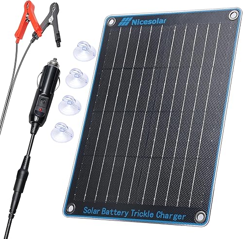 Nicesolar Panel solar de 10 W 12 V cargador de batería de coche y mantenedor con enchufe de encendedor de cigarrillos y clip de cocodrilo para