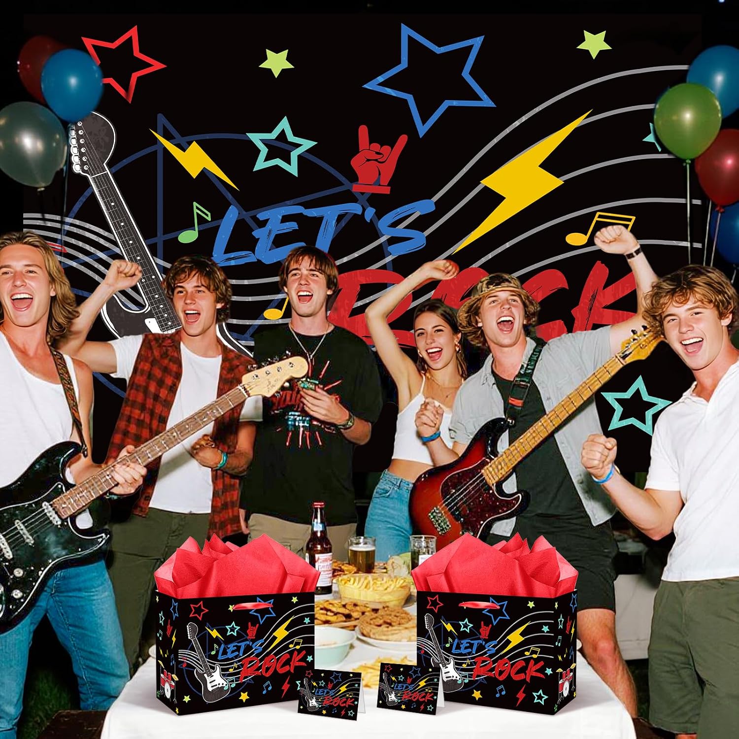 Music Party Gift Bag Let's Rock Themed Birthday Decor Guitar Wrapping Paper with Tissue Paper Greeting Card for Boys Girls Rocking Gift Wrap Bags Ribbon Handle for Kid Baby Shower Decoration Supplies image 3