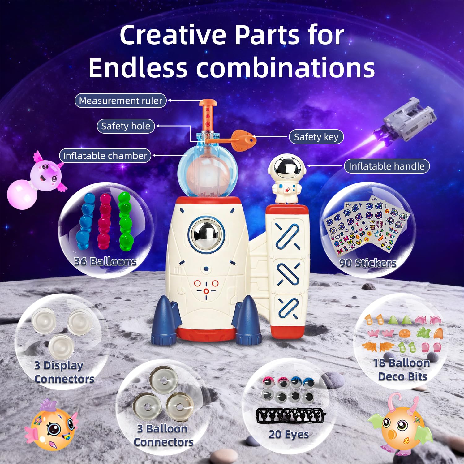 Kit Fai-da-Te per Creare Palloncini Magici Spaziali, 160 Palloncini Spaziali con Lanciatore a Pompa, Adesivi dei Personaggi Mostro, Palloncini Gonfiabili Decorati per Attività Creative, Opere Fatte a