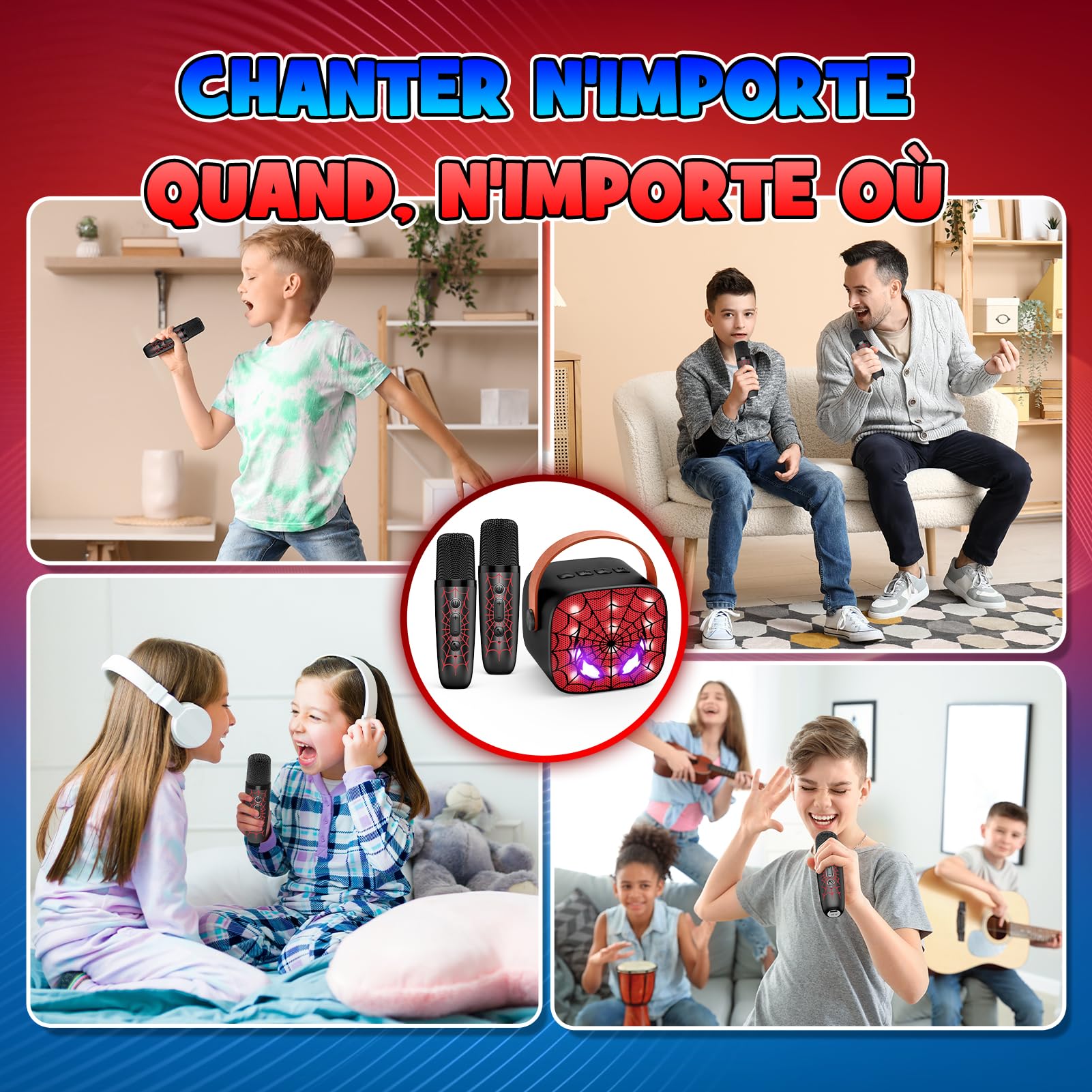 Braxel – Micro Karaoké Enfant Avec 2 Micros Bluetooth – Design Araignée LED – Déformateur Vocal – Cadeau 3-12 Ans