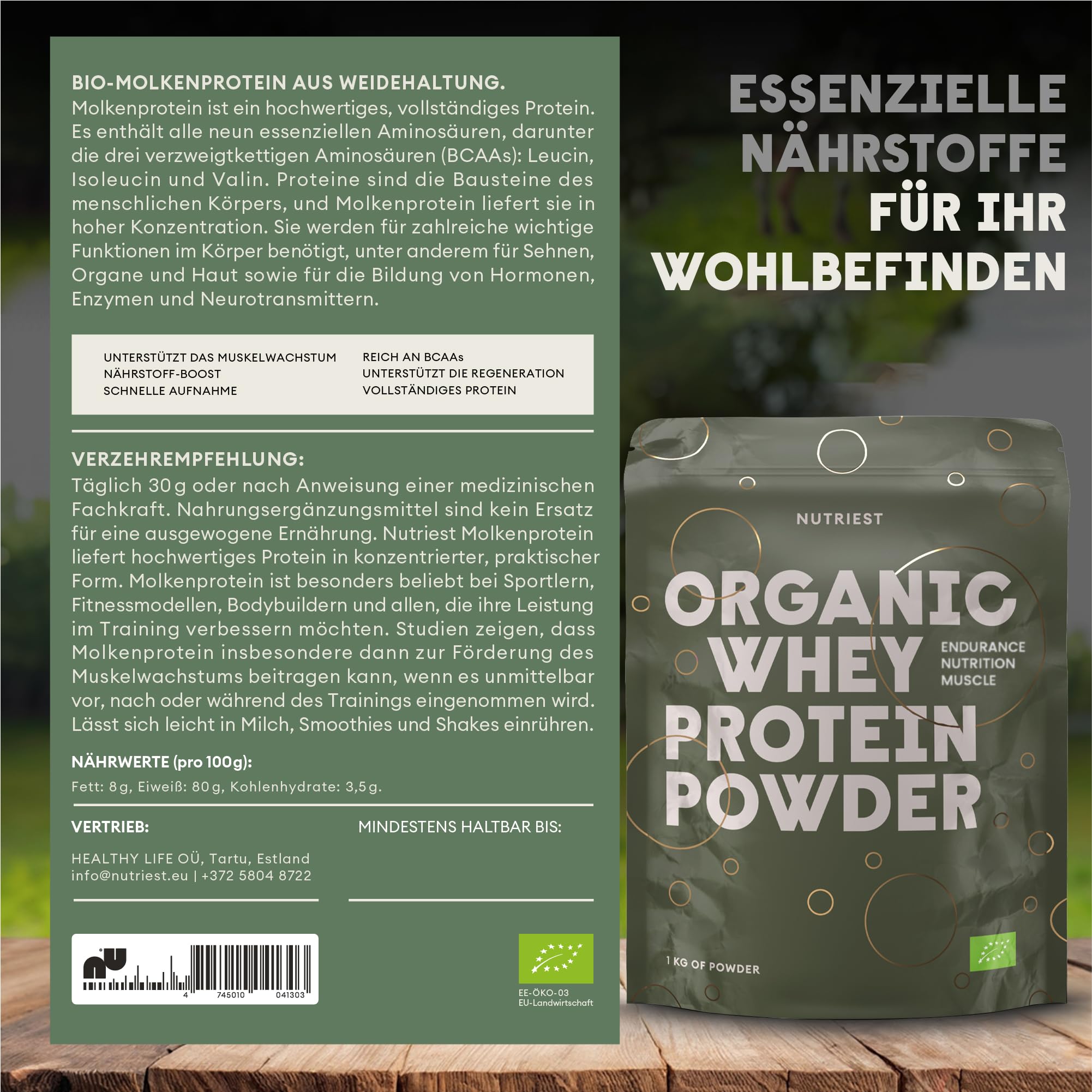 Nutriest Whey Protein Pulver (1kg) – Bio Whey Protein aus Europa | 100% Weidehaltung | Eiweißpulver mit hohem Proteingehalt | Für Shakes & Fitness