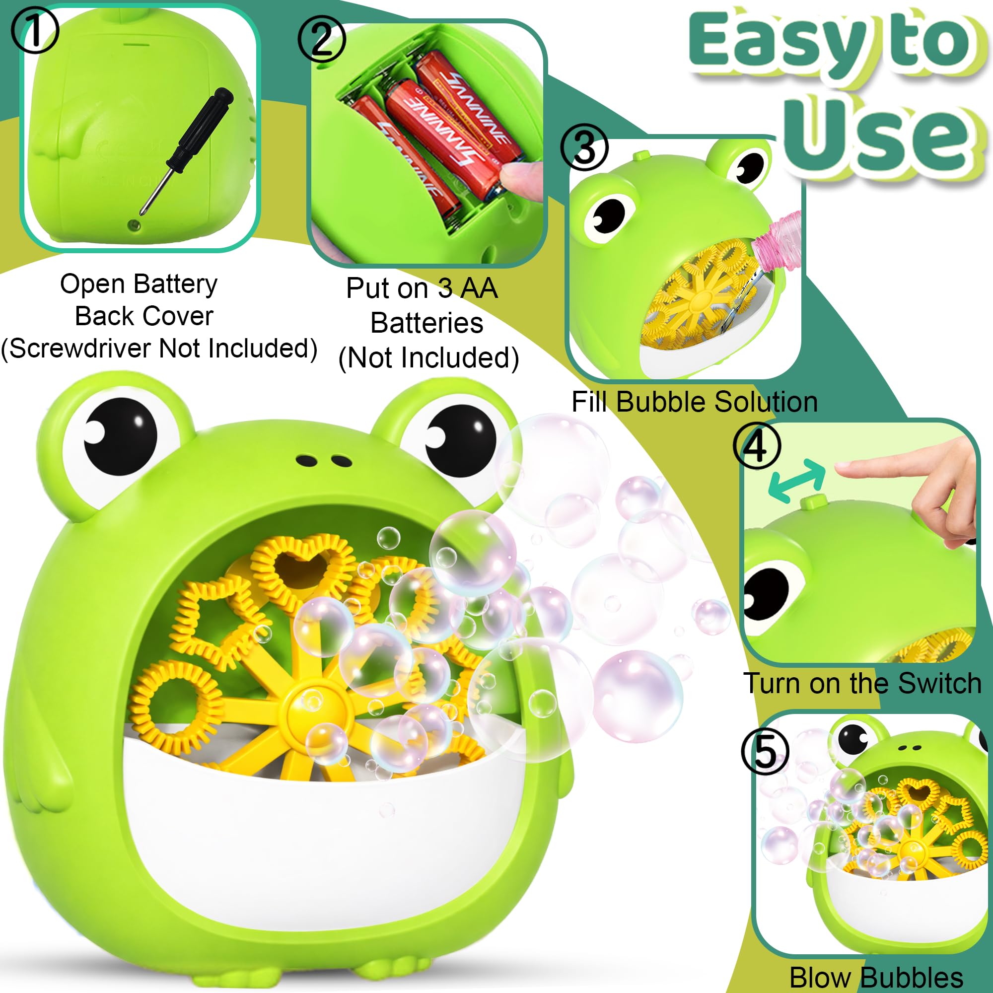 Chennyfun Máquina de Burbujas Rana para Niño, Juguete Portátil y Automática Hacer Burbujas 2000+/Min, Máquina de Soplado Burbujas con Solucione, Interior Exteriores Boda Fiesta Regalo Cumpleaño Juegos