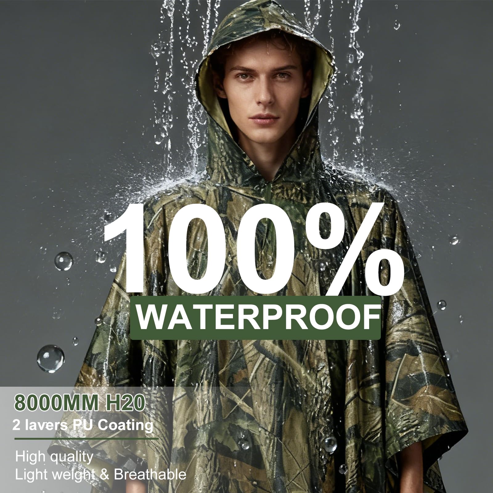 Poncho impermeabile, Camuffamento Raincoat Phocho Parasole o Antipioggia per Escursionismo, Camminata in Montagna, Campeggio, Ciclismo, Pesca o Caccia - Camuffamento
