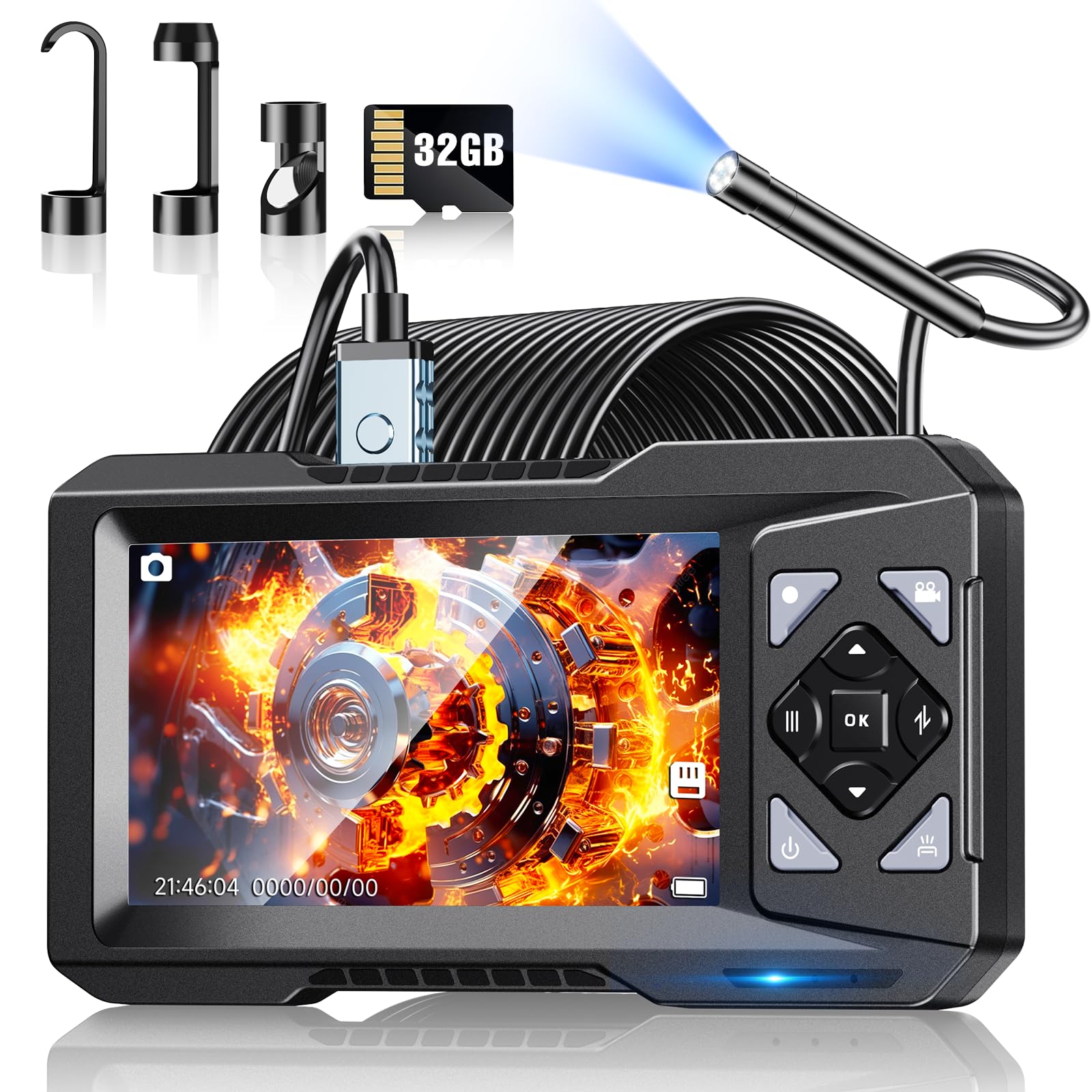 Endoscope Camera with Light & 32GB Card, 1080P HD Borescope Inspection Camera 4.3" IPS Screen, 5.5mm IP67 Waterproof Probe with 6 Adjustable LEDs,16.4FT Semi-Rigid Cable, Tools, Gadgets for Men