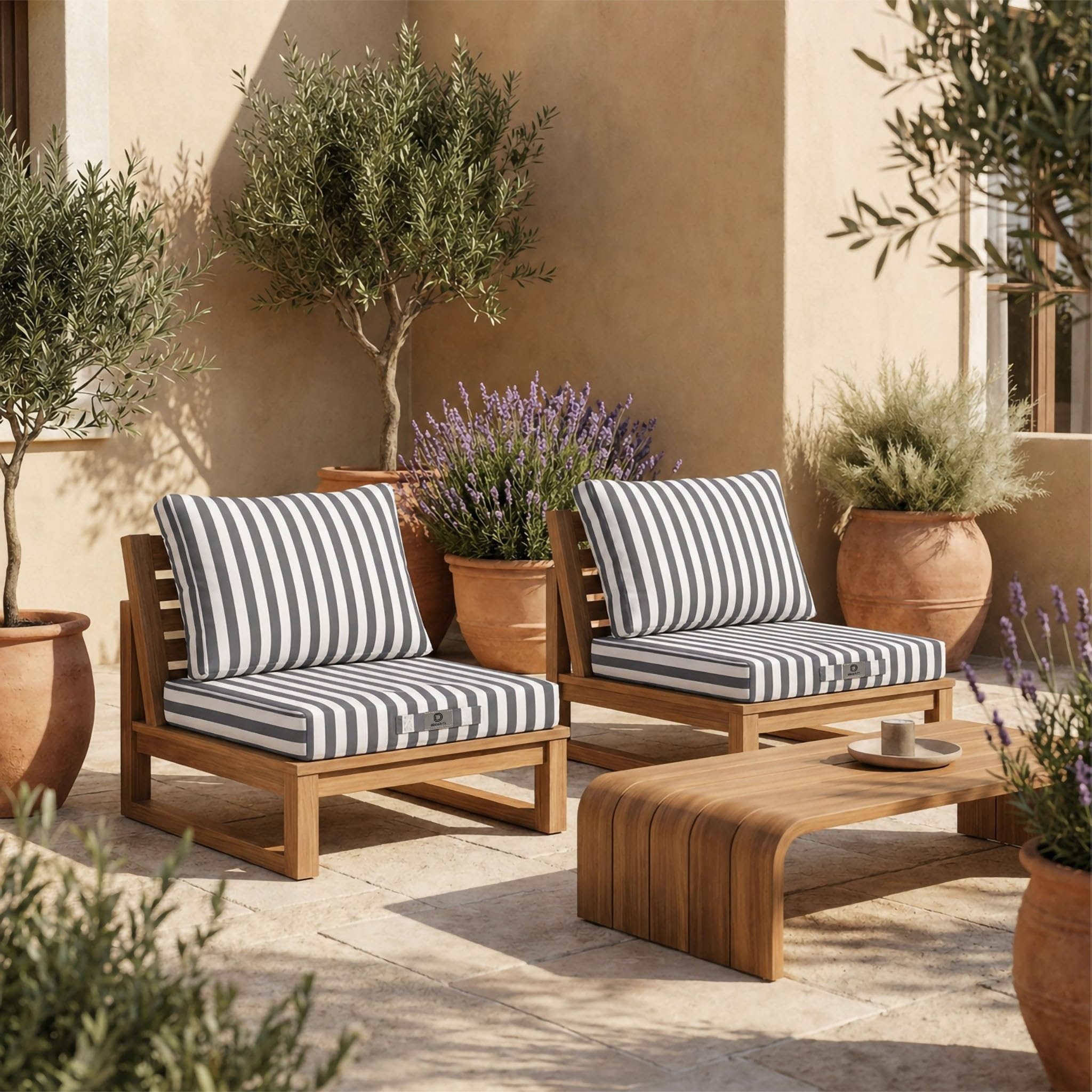 Déco Arts — Lot de 2 Coussins Déhoussables Salon Jardin 50x50 — Assise 50x50 + Dossier 50x35 cm — Imperméable Anti-UV — Remplacement Mobilier Jardin Terrasse Balcon Véranda — Rayures Gris Foncé