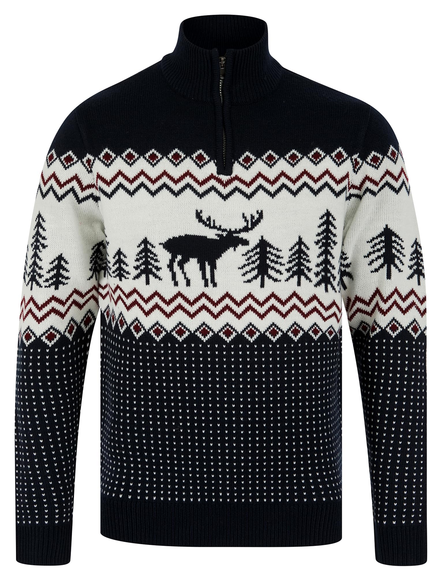 Tokyo Laundry Merry Christmas Men's Nordic Fair Isle Jacquard Knit Jumper with Quarter Zip Funnel Neck