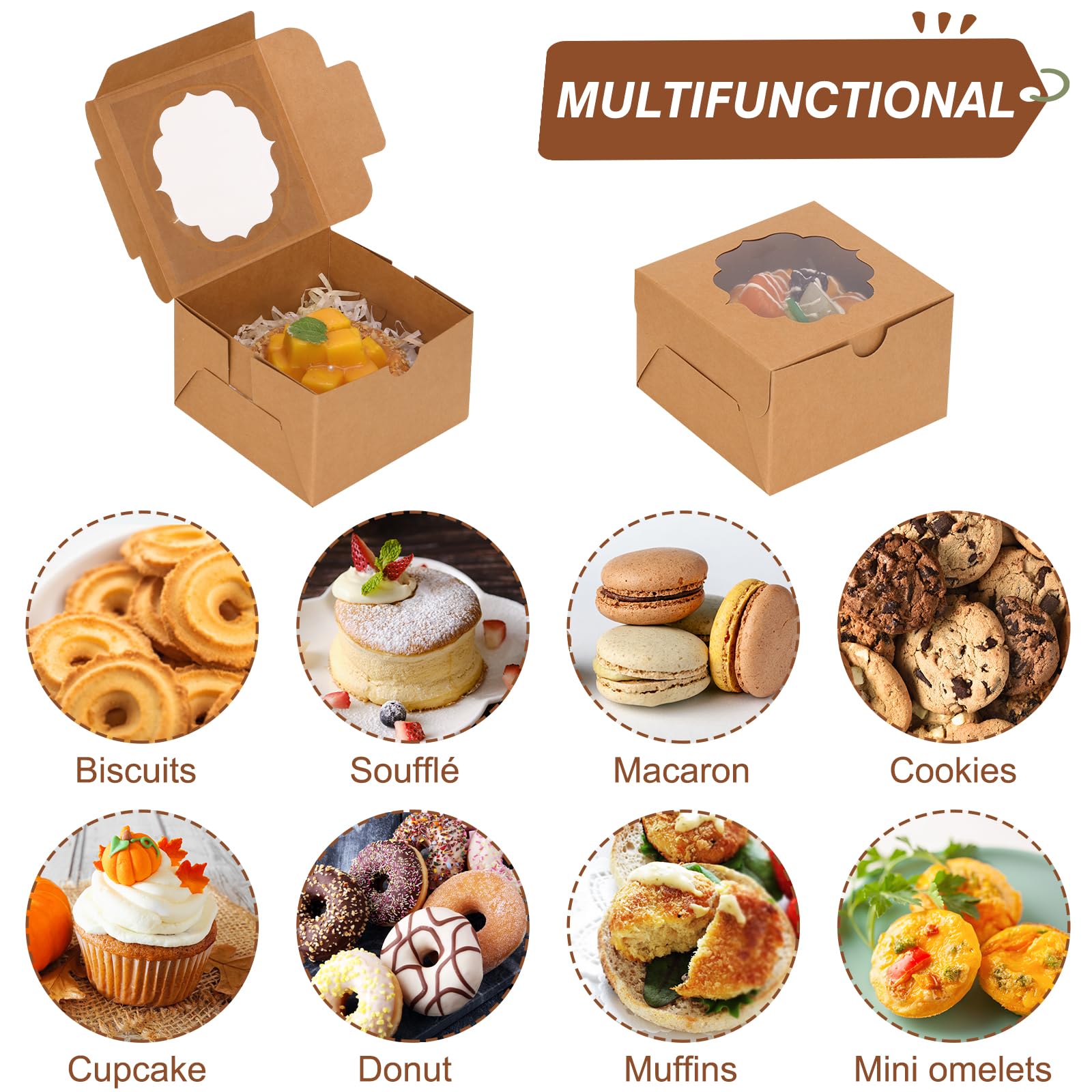 Tomnk 100 cajas de panadería marrones de 4 x 4 x 2.5 pulgadas, pequeñas cajas de galletas Kraft para hornear con ventana para dulces postres, chocolate, fresas, magdalenas, donas y recuerdos de fiesta