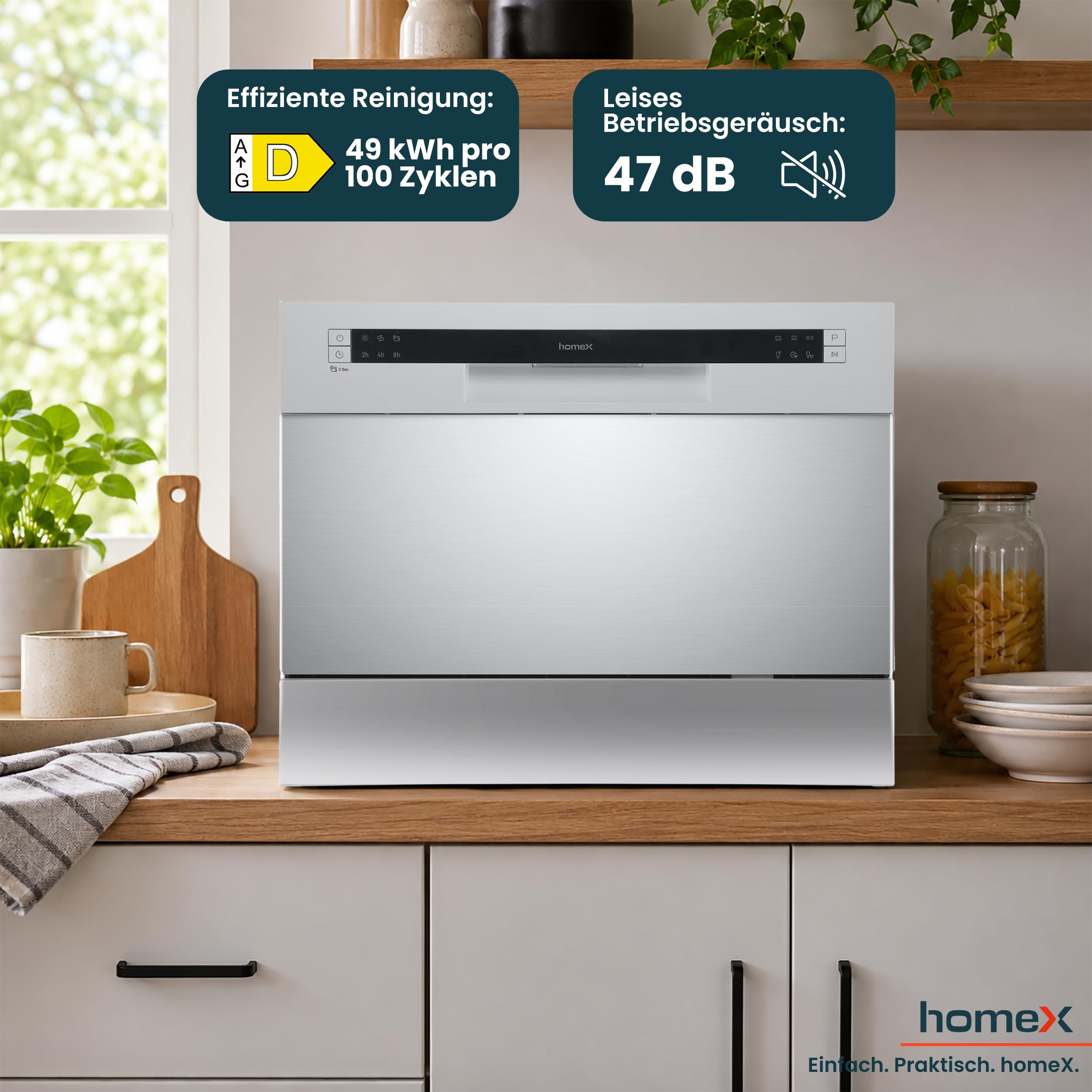 homeX GST6AD-S Tischgeschirrspüler Mini Geschirrspüler für 6 Maßgedecke | 6 Programme, Spülmaschine klein, AquaStop, automatische Türöffnung, ideal für kleine Wohnungen, Tischspülmaschine, silber