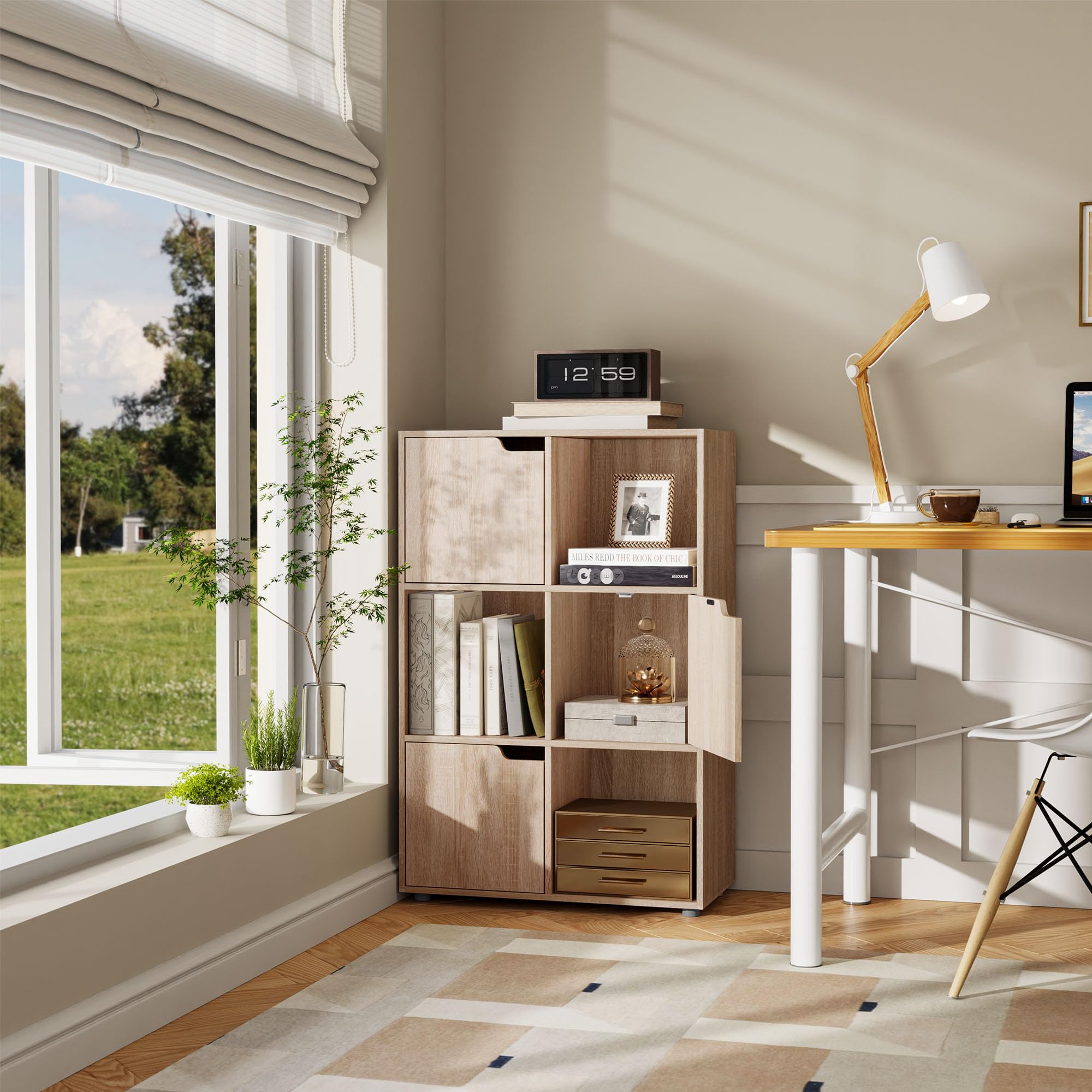 WOLTU Bibliothèque Armoire Etagère de Rangement 59,6x29x91cm en MDF pour Salon Bureau avec 3 Portes 6 Compartiments,Chêne Clair