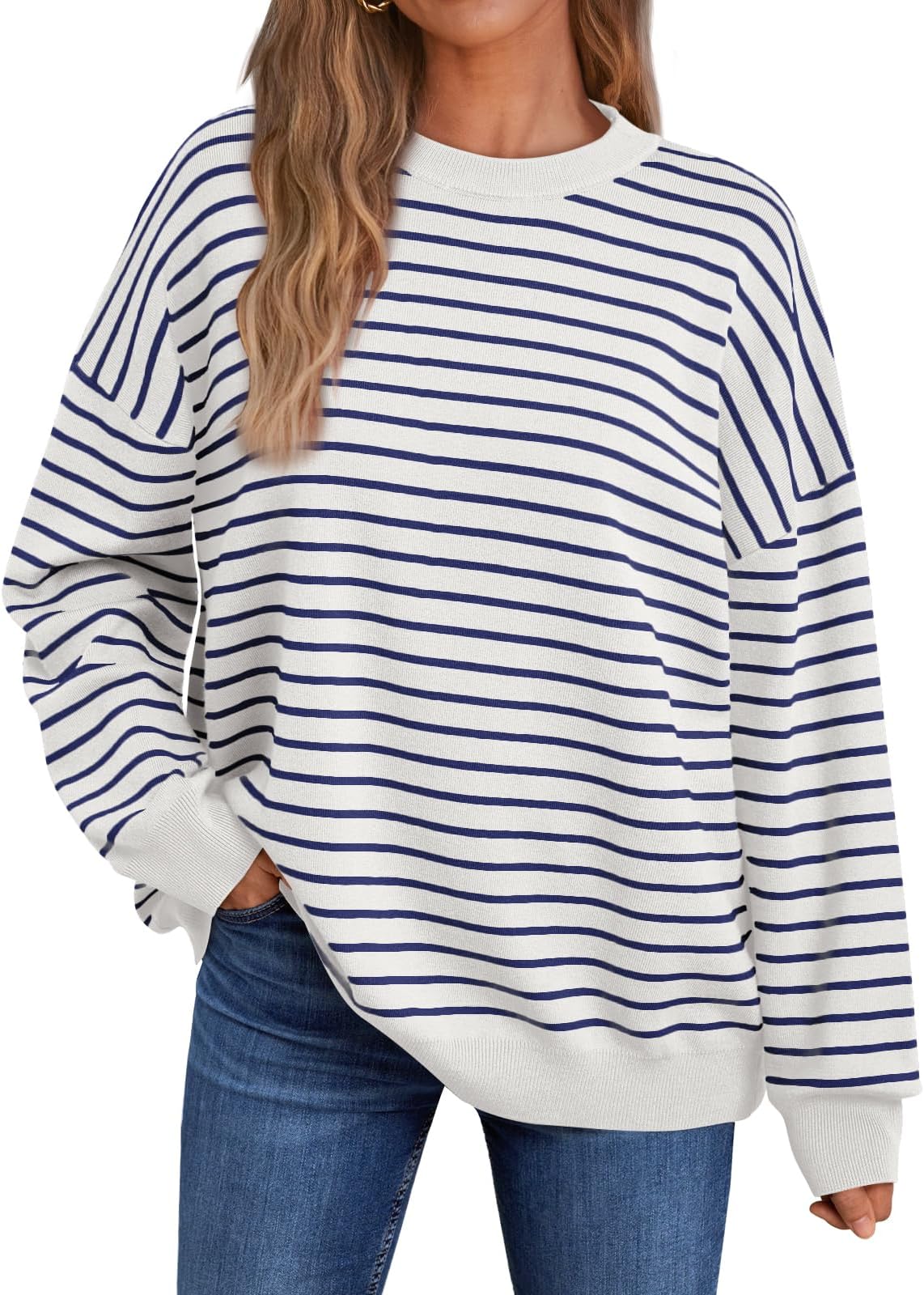 LILLUSORY Womens Oversized Sweaters Crewneck Striped Long Sleeve Lightweight Pullovers Knitted Tops Fall Outfits 2025
