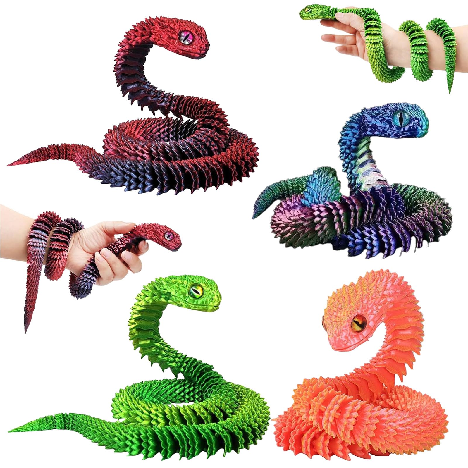 4 Pcs 3D Printed Snakes,3d Printed Animals,30cm Flexible Articulated Snake Models,3d Printed Fidget Toy,Perfect for Home Decor Gifts Educational Use,Suitable for Animal Lovers and Collectors Alike (B)