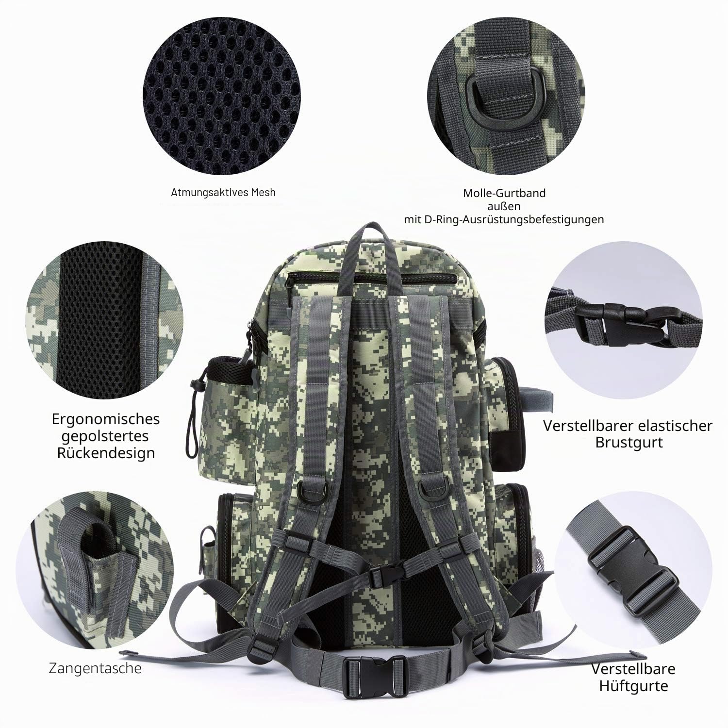 Bassdash Angelrucksack wasserabweisend leicht taktische Tasche Angelkoffer mit Rutenhalter und schützender Regenhülle