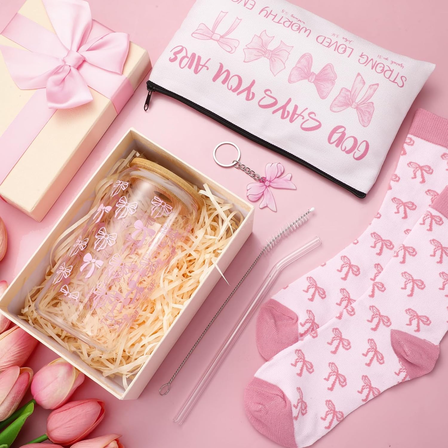 Boao 5 Pcs Pink Coquette Gift Set with Glass Cup, Socks, Cosmetic Bag Keychain Coquette Stuff Thank You Gift Box for Girls Women - Image 2