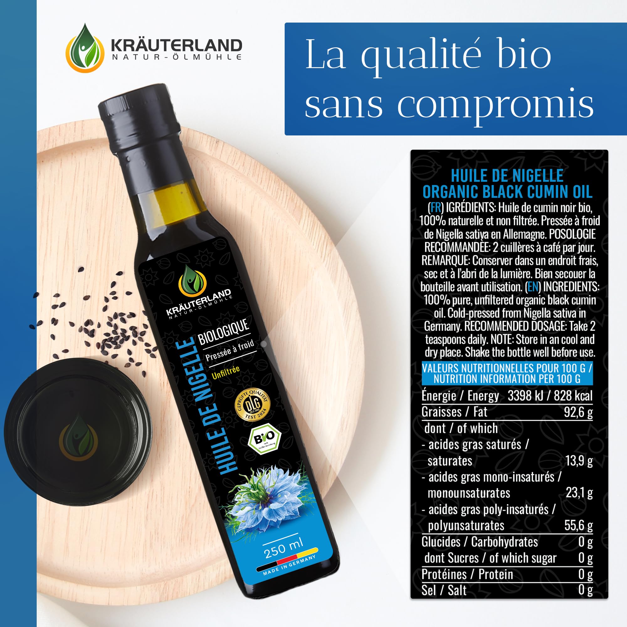 Kräuterland Bio Huile de Nigelle 250ml, non filtrée, pressée à froid,égyptienne, nigella sativa, végétalienne
