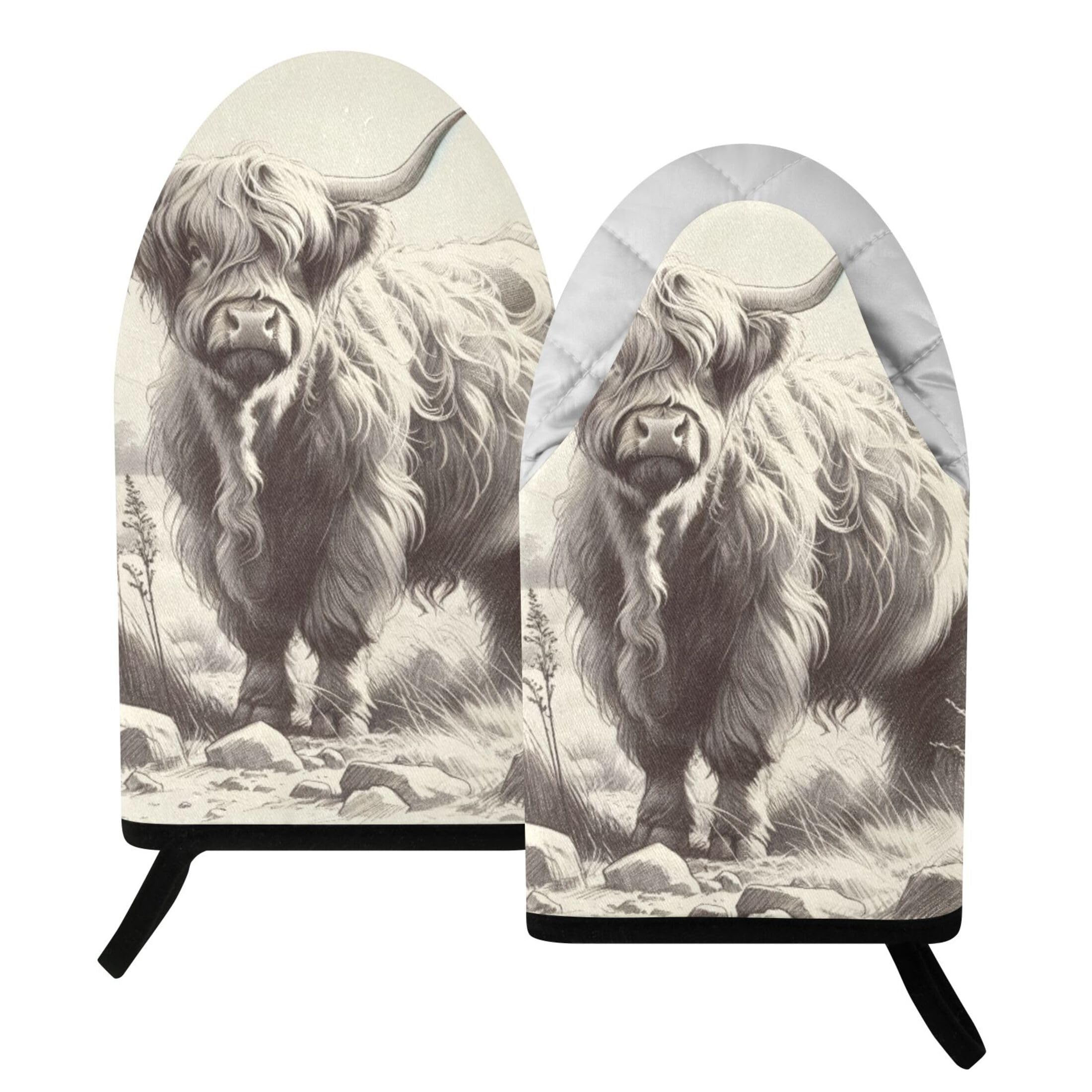 Fuauuyl Oven Mitts Heat Resistant Kitchen Gloves, Artistic Highland Cow Classic Oven Gloves with Hanging Loop for Baking BBQ Cooking Grilling, 1 Pair, 9.5 in