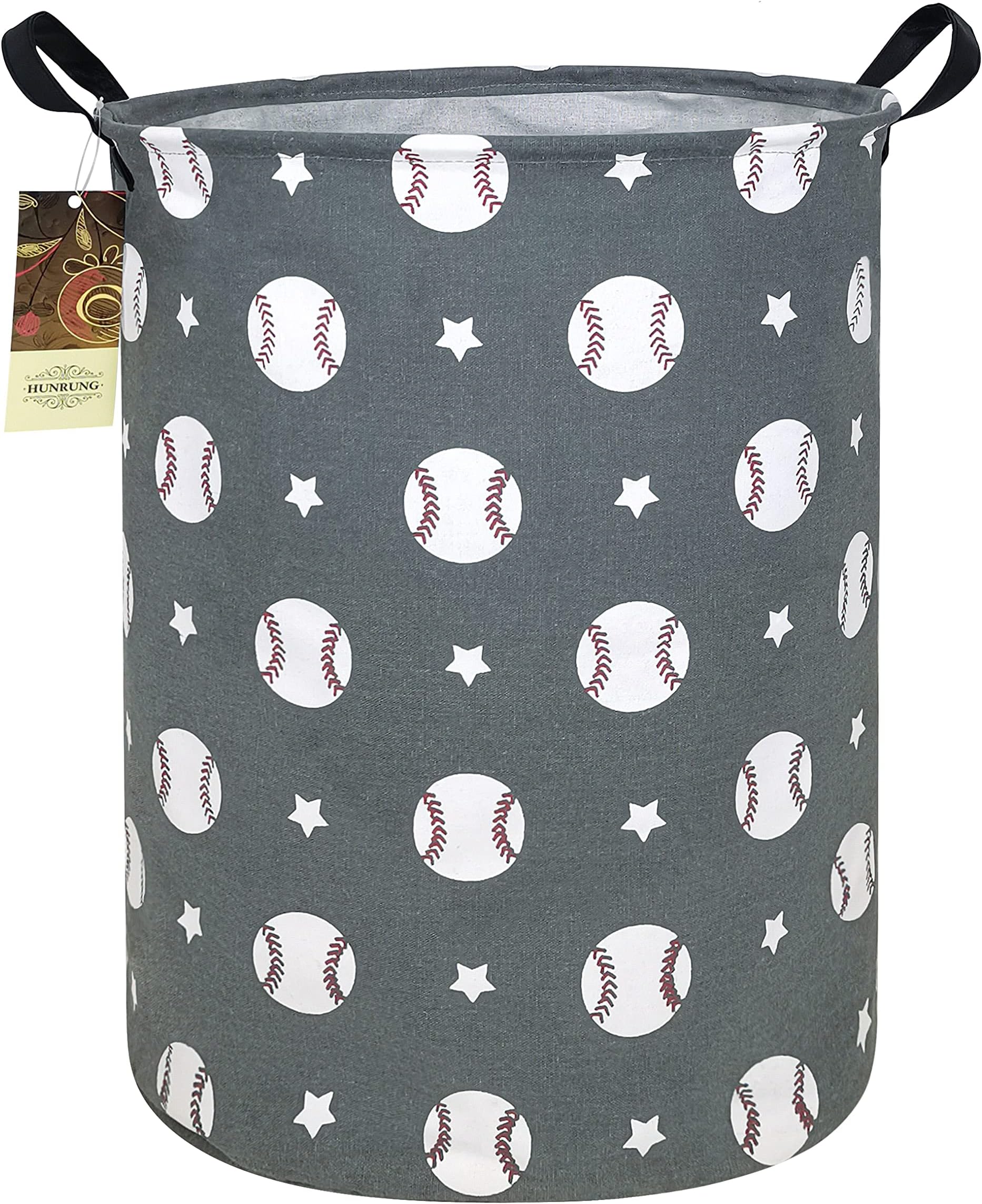 HUNRUNG Collapsible Fabric Storage Basket, Waterproof Laundry Hamper with Handles, Round Storage Bin for Clothes Toys, Foldable Organizer for Bedroom Nursery Bathroom(Round-Grey Baseball)
