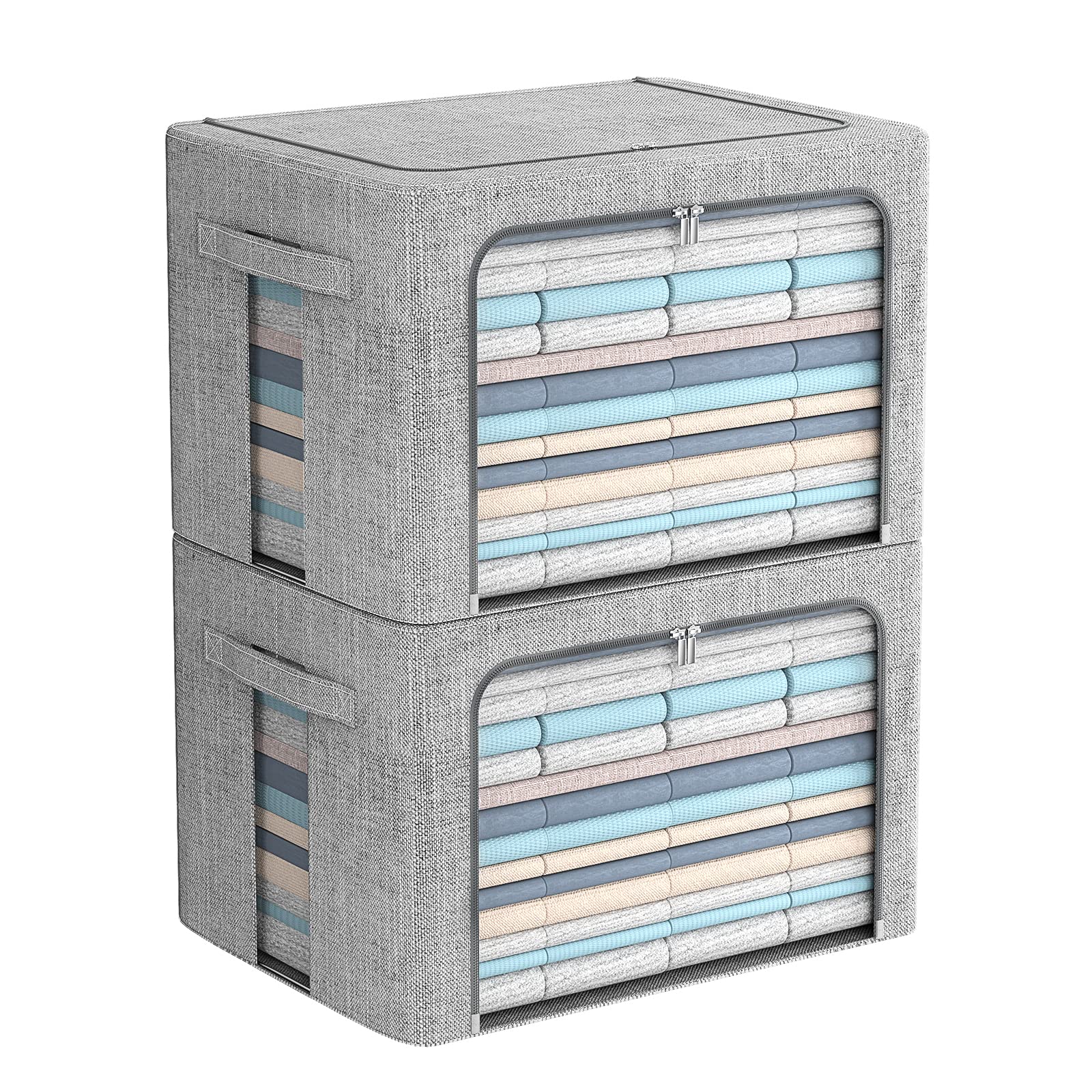 FHSQX 2 Pack Clear Window Storage Bins - Large Stackable Linen Fabric Storage for Clothes Foldable Container Organizer Set with Carrying Handles (Light Gray, 15.7x 11.8x 11.7 Inch)