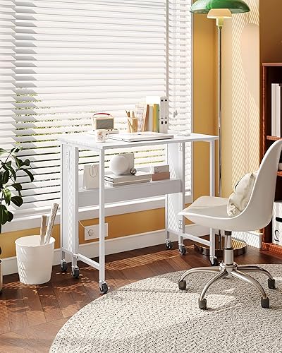 Miniatura 9 de Escritorio plegable moderno para computadora de 31.5 pulgadas con tomas de corriente, ruedas, almacenamiento, perfecto para espacios pequeños,