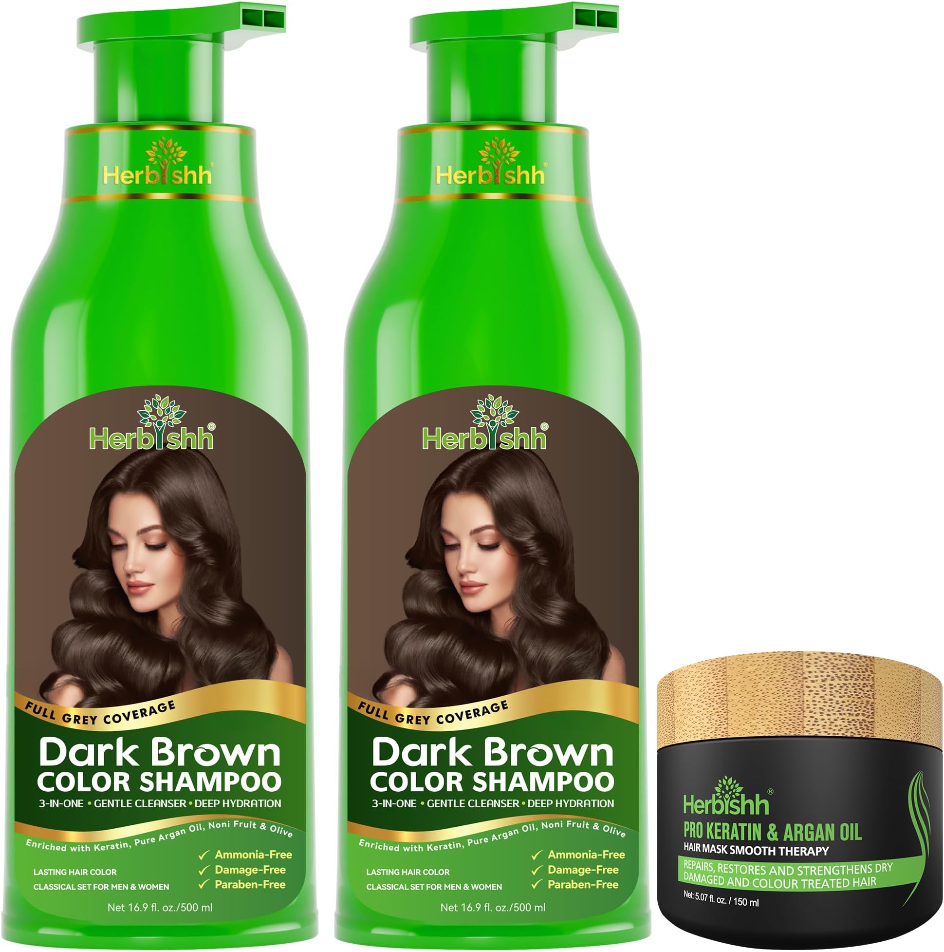 Hair Color Shampoo (Dark Brown) for Grey Coverage | Ammonia-Free Paraben Free | Long Lasting Color up to 3 Weeks | Combo Pack 2 x 500ml + 1 Argan Hair Mask (150gm)